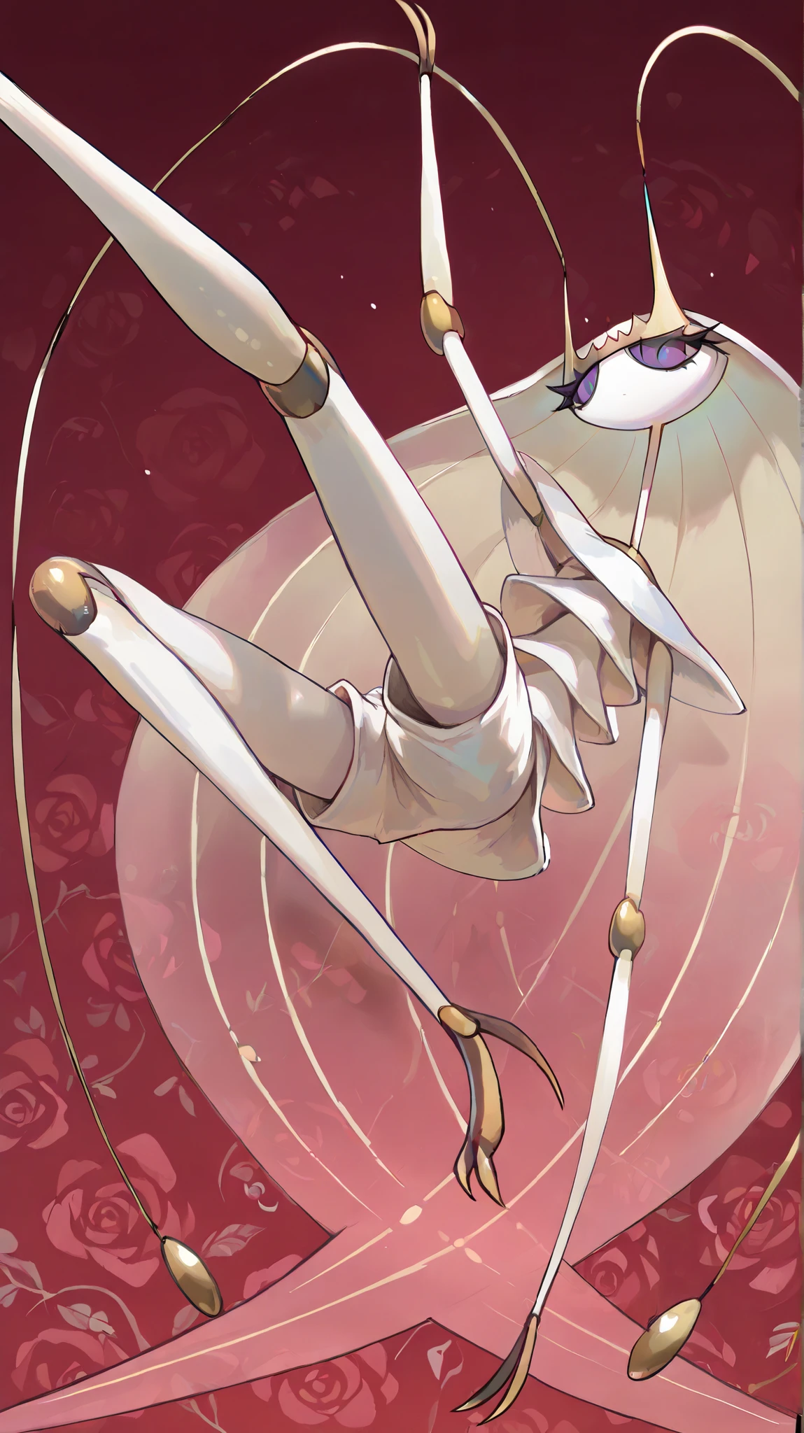 beatiful face, feet,best quality,tonemapping, sharp focus, hyper detailed,(pheromosa),best quality,beautiful,pokemon,(2 fingers),(Clear eyes),solo,detaileds,8K,(slender:1.3),red wallpaper,jumping kick
