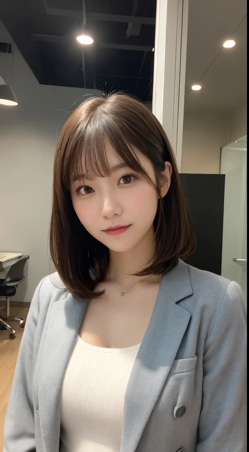 Best-quality, Masterpiece, Ultra-High-Resolution, (Photorealistic:1.4), Raw-Photo, at office, 1girl, 15-years-old, the most famous Japanese idol, (extremely cute face like the most popular Japanese idol, ((extremely beautiful big-black-solid-circle-eyes)), extremely beautiful short-cut-haired, extremely beautiful skins), extremely beautiful long-eyelashes, extremely beautiful lips, extremely beautiful abundant-cleavage, looking at viewer, innocent-smile, wearing three-piece-business-suit, detailed office, detailed three-piece-business-suit