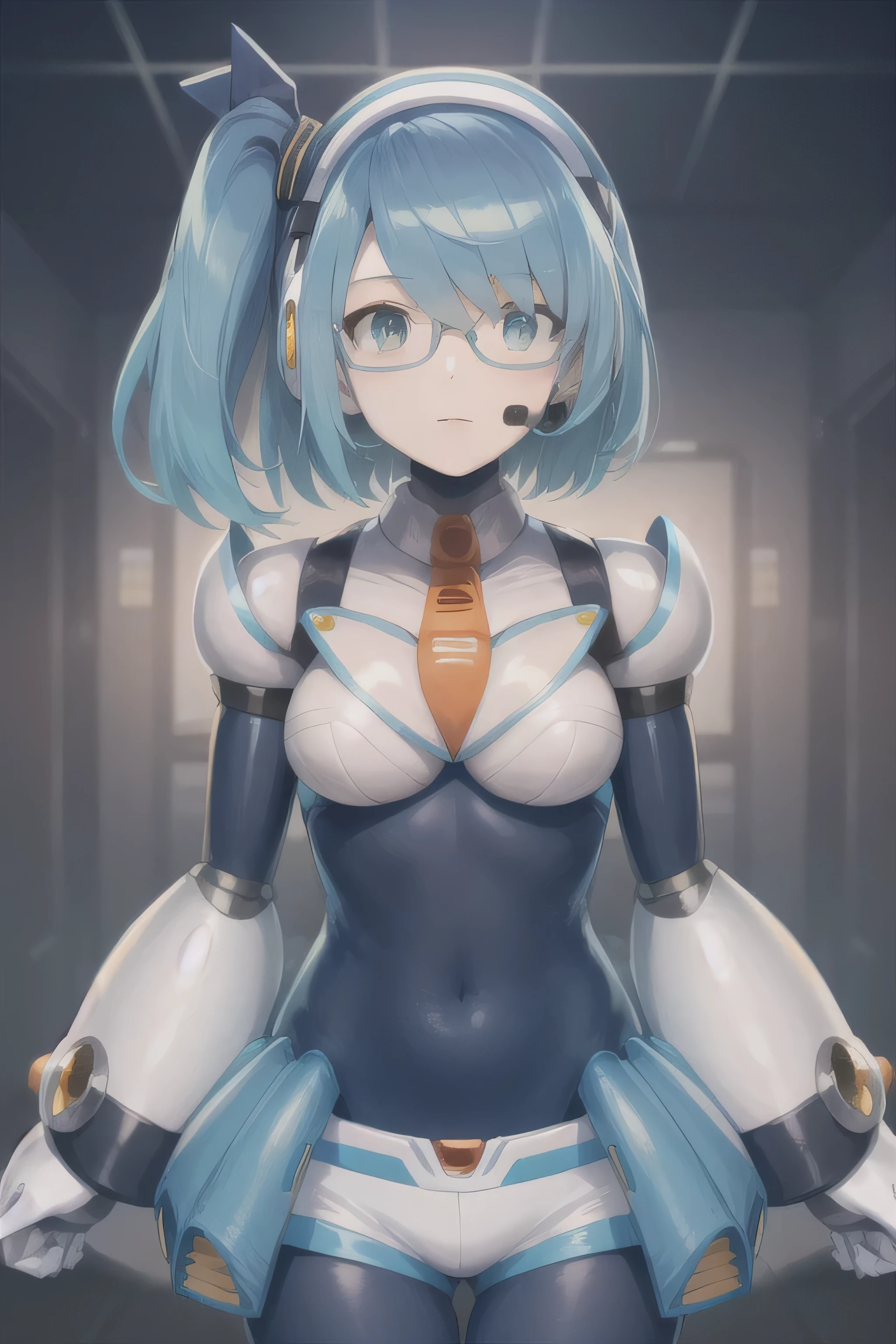 rico_megamanxdive, 1girl, mind control, slowly turns into robot, obedient robot girl, robot face , robotic face, metallic face, metallic skin, metal skin, solo, blue eyes, short hair, blue hair, android, bodysuit, glasses, cyberspace, masterpiece, high quality,