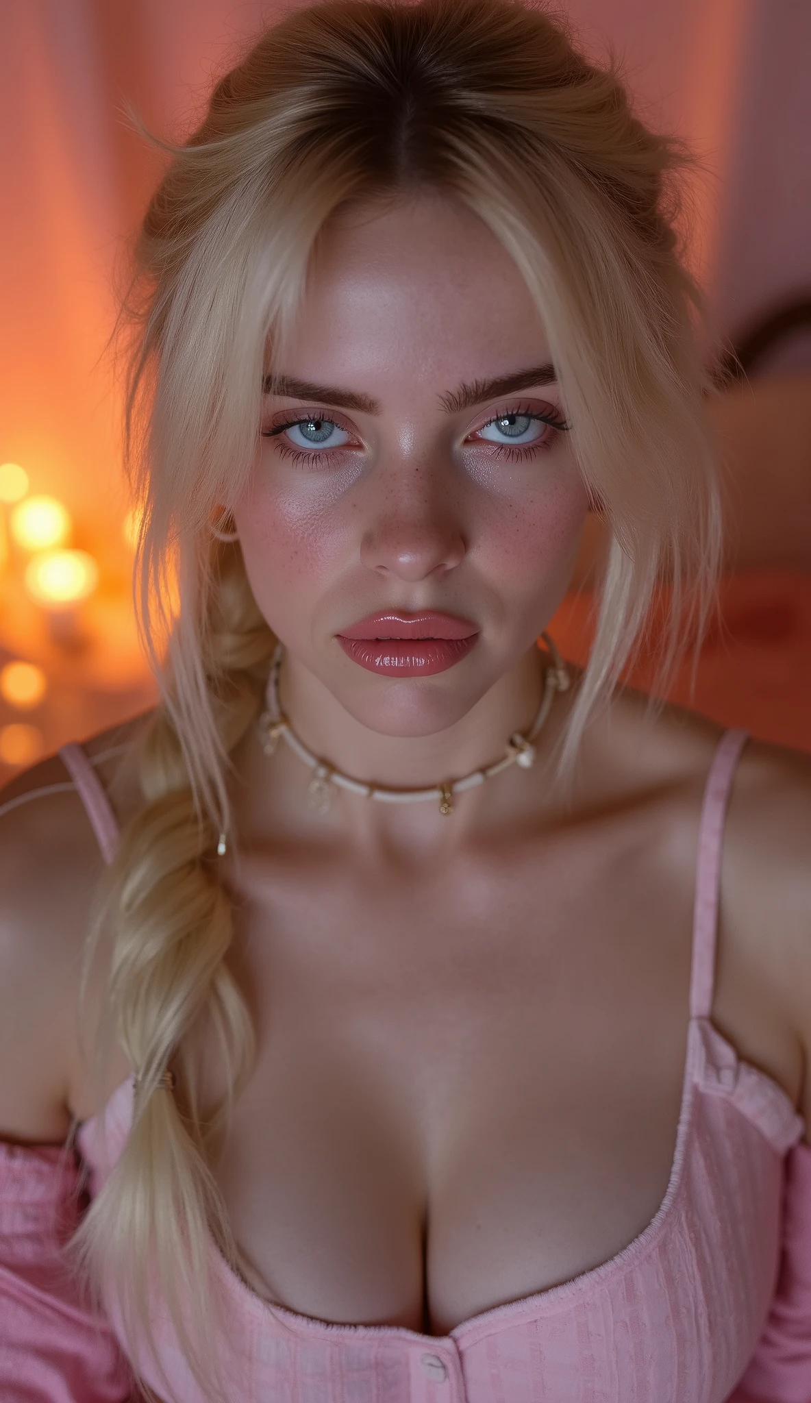 a girl, sexy 18 year old girl , pigtails, beautiful face, gorgeous, beautiful, beautiful, beautiful face, pale skin, regions, Blond hair, blue eyes, Full and bright lips, big lips, thick lips, parted lips , long , mask, skinny thighs, petite Body, , skinny, flat breasted , skinny, Body( Body heigth:140cm), big head, innocent look, young face, long pink nails, choker, feet and heels hd, large pink hoop earrings microplaid skirt , off her shoulders white tank top , tight and collected white tights , black patent leather heels , sweaty, Sitting in a bedroom with candles and a soft, warm light. The colors of the room are pink and white , perfect eyes , very detailed eyes, beautiful and expressive , detailed eyes , 35 mm photograph , film , bokeh, professional , 4k, Highly detailed dynamic lighting , photorrealist, 8K, raw, rico, intricate details , nude, Without a hood