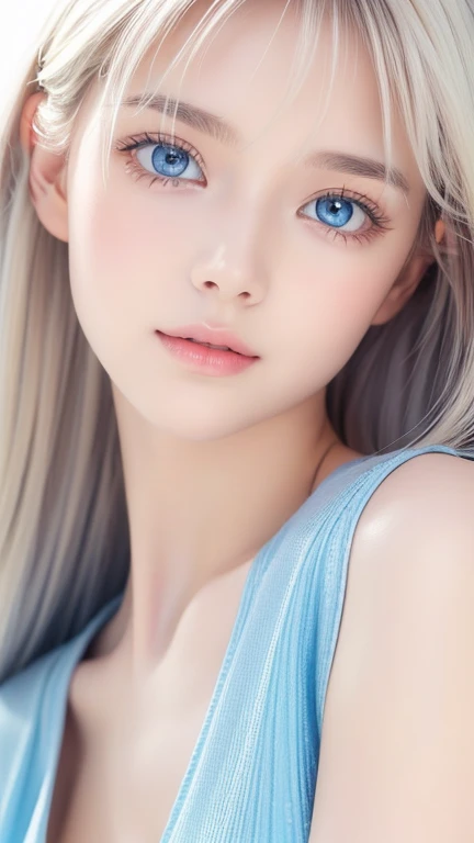 A adorable cute little girl with blue eyes, wearing blue dress, pale skin, smooth pale skin, skin tune pink, cute face, white hair, ponytail hair, super detailed, 8k