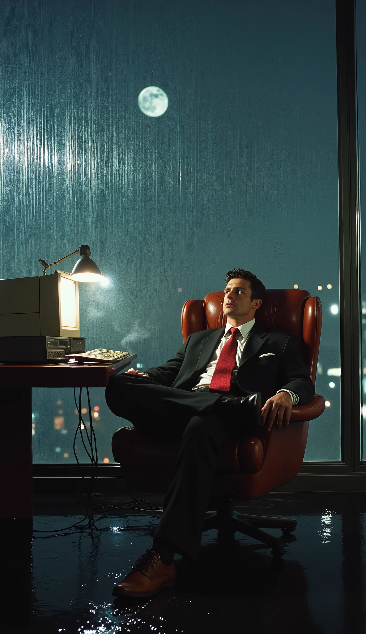 a man in his office at the top of a building, he wears a black suit and red tie, 90's style, he is in an old brown leather armchair, slightly propped back, he has both feet crossed on top of the work table next to the computer, the computer emits a light that slightly illuminates in front of him, the rest of the environment is darker, in front of him is a table with an old computer from the 90's, there is a cigarette in his mouth slowly releasing smoke, he is relaxed, at On its side there is a large glass window, it is raining outside you can see the water running and hitting the window, it is night and you can see lights and buildings and the full moon outside through the window, side view of the image
