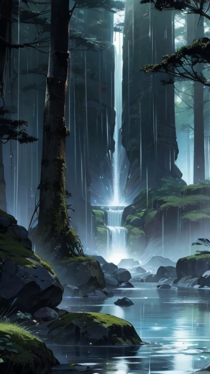 Rock painting with hieroglyphics. webtoon style . Inside the tense forest with torrential rain.