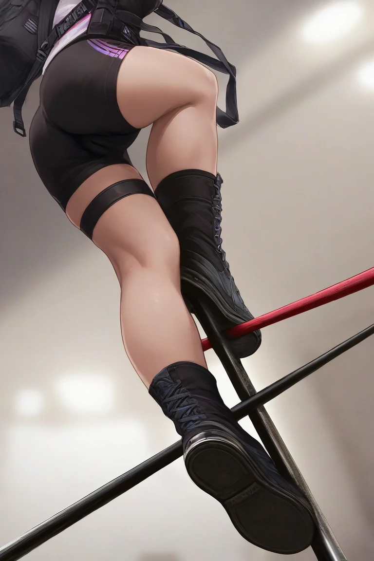 score_9, score_8_up, score_7_up, score_6_up,score_5_up, nsfw, solo mature female, perfect face,full body wide front shot of fit 1girl, narrow waist,black dress, high heels, fishnet thighhighs, kicking:0.5, fighting stance, standing one leg,(woman cries, serious disgust angry shameful expression:0.3), micro skirts, <lora:KneeSpreaderBar_PonyXL:0.5:1:lbw=0.5,1,1,1,1,1,1,0.5,0,0,0,0>(knee_spreader_bar, spreader bar, spread legs), bdsm, (looking at viewer:1.2), very long_hair, silver hair, silver ponytail hair, Large_breasts, (athletic), street background, too many crowd watching from a distance