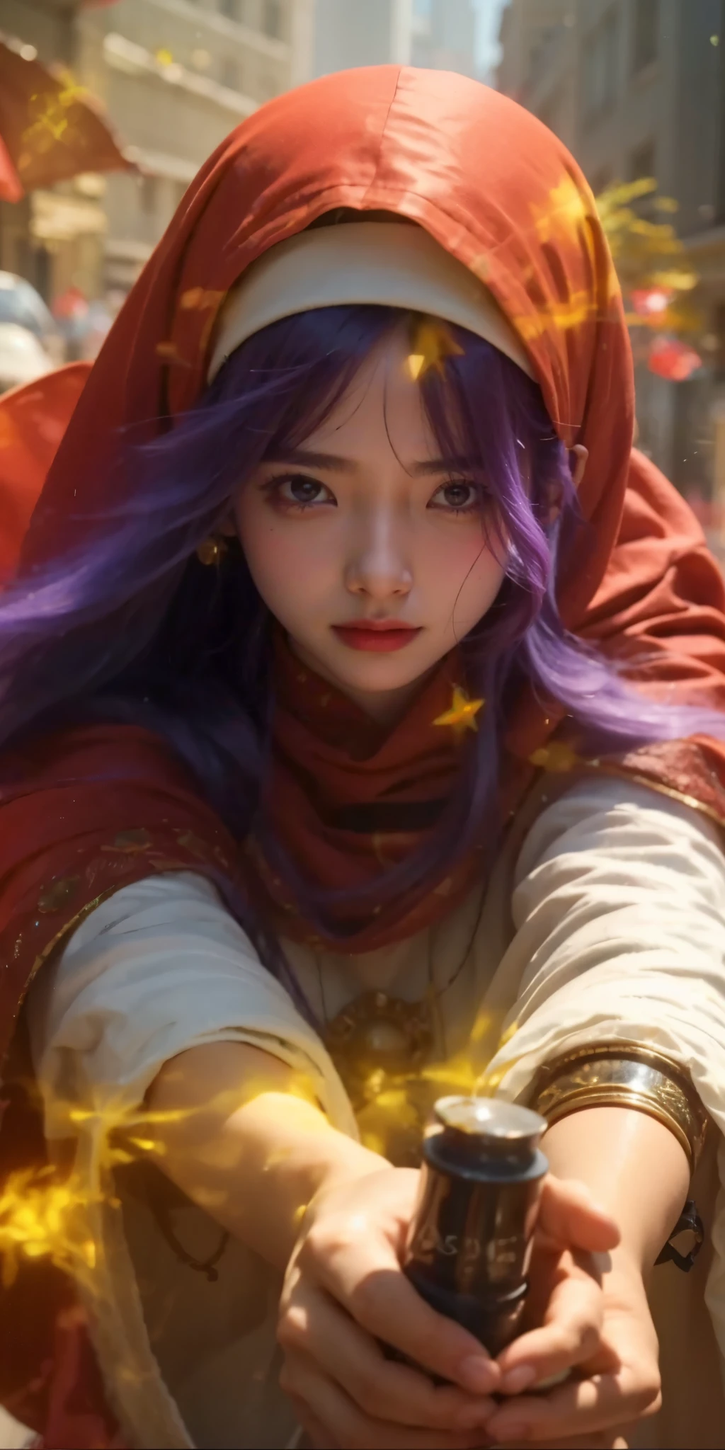 cute face . naked clear coat.dq pom , Long Curry . purple hair, earrings.、 top quality , bangs , Little head on the street :1.3 Ultra Realistic :1.2 , Masterpiece, top quality , More details, Realistic Lighting .A Broader Perspective. Stone construction、 fantasy . Outdoors