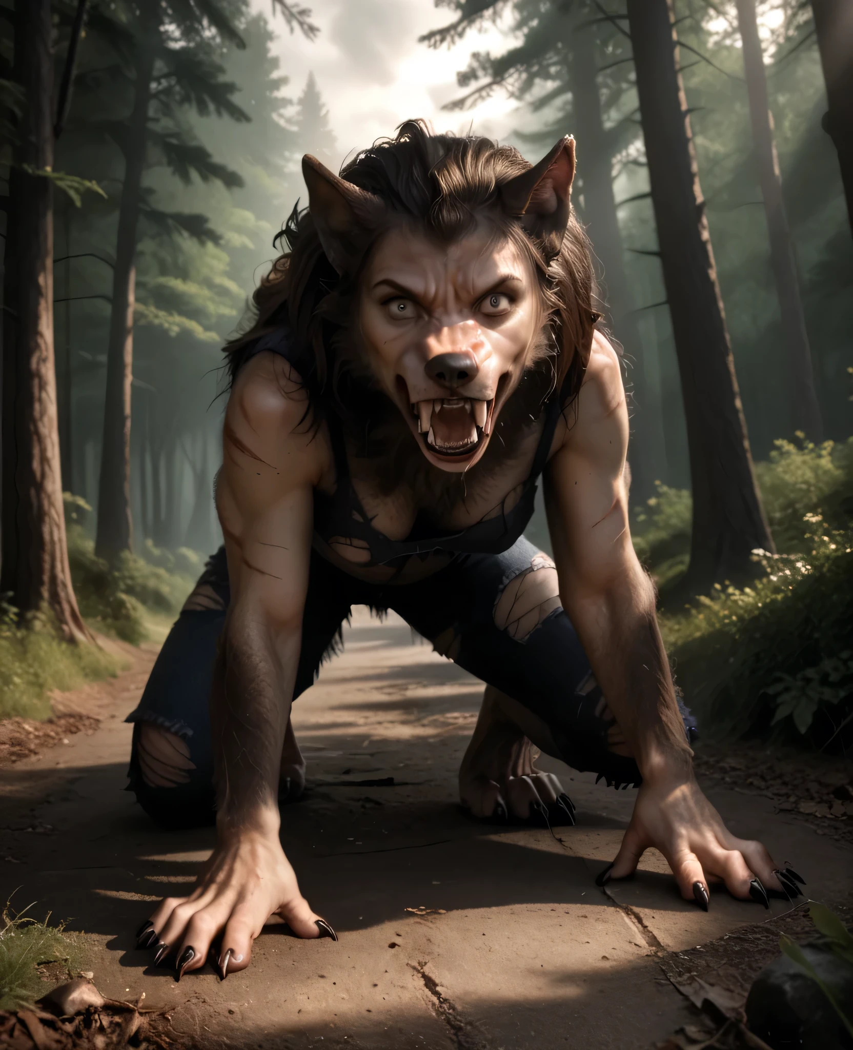 Woman sitting on floor:1.1, arm support, Leaning forward, female morfing into Werewolf, mid transformation:1.2, Werewolf:0.8, curved pose:1.2, dynamic pose, wide chest:1.2, fangs, human nose, growing fur, fur spread everywhere, fluffy, very hairy, black claws, by loboleo, scars, long fluffy tail, torn medieval clothes, shocked:0.8, in pain:0.8, screaming:0.8, sharp ears:0.8, forest, trail, ((darkness, moonlight, dramatic light))(, realistic photo, realistic, ultra realistic concept art, photo realistic horror, hyper realistic nightmare scene, Dramatic, Cinematic, quality 8k, ultra realistic , hyper realistic ,deep details, nsfw)