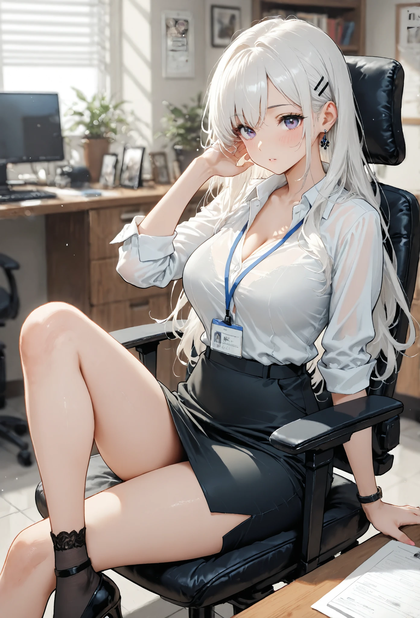 modern, Verism, masterpiece, textured skin, super detail, best quality, 4K , A beautiful woman, (((Ultra-slender))), ((Clothing of office workers)),Knee-length narrow skirt,Jacket,White shirt,Sitting in a chair