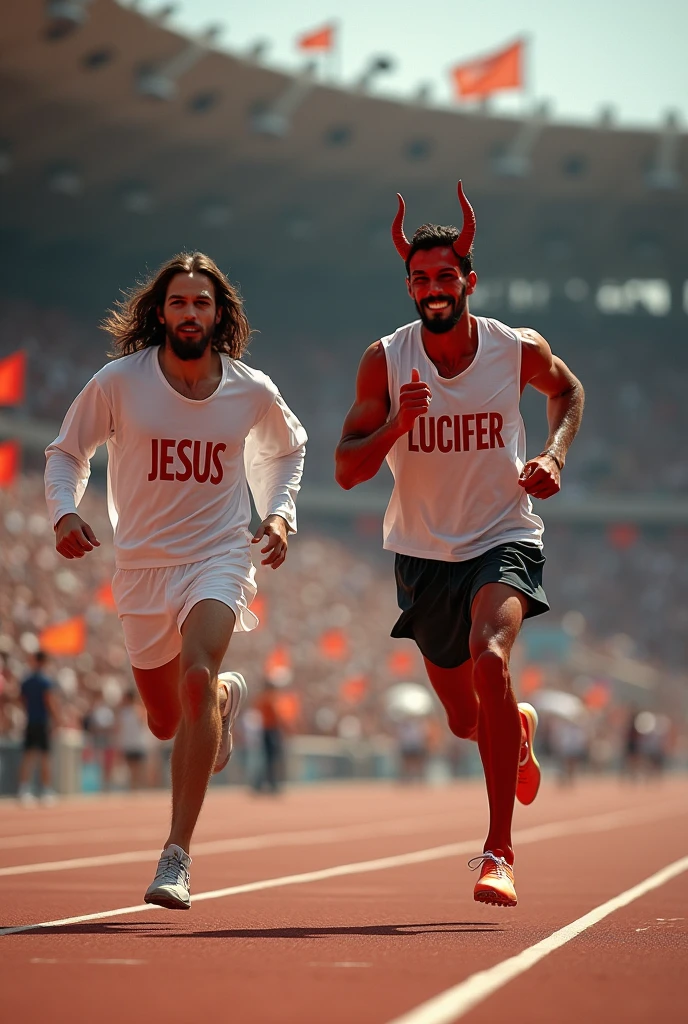 Ugly white devil in red playing soccer with handsome Jesus in white