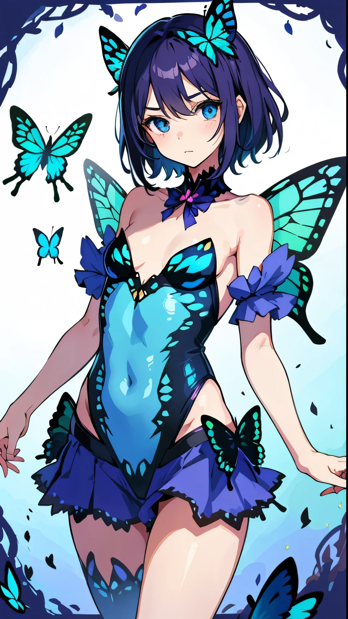 1girl, (butterfly ears:1.1), (blue hair), (dynamic pose), (colorful idol costume), (mini skirt), (white pantyhose), (butterfly wings:1.3), (dynamic angle), more_details:-1, more_details:0, more_details:0.5, more_details:1, more_details:1.5, glowify, more prism, vibrant color, jewelry background, floating gems, floating glass pieces