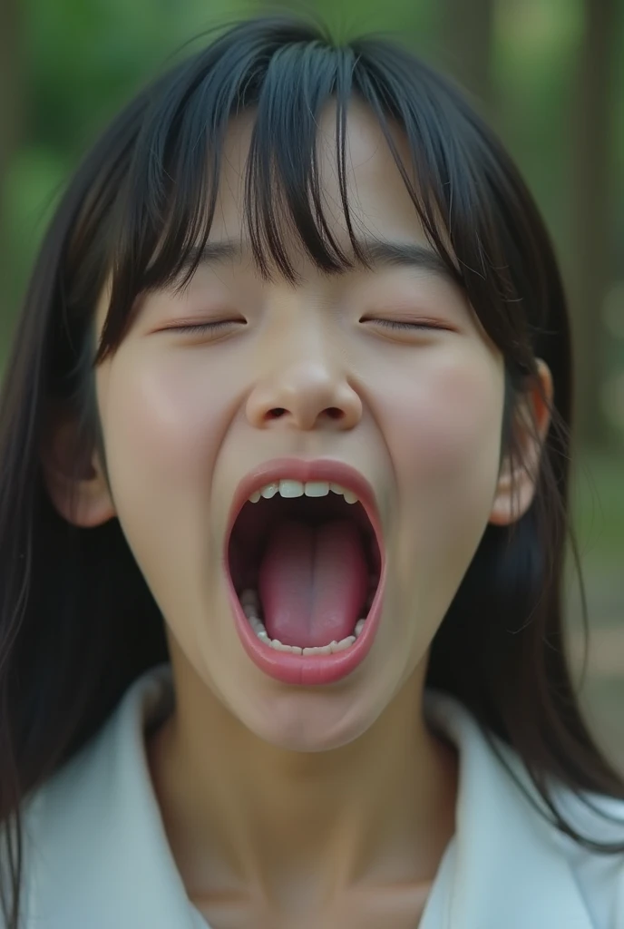 angry ，Japanese，selfie，Open your mouth wide，tongue sticking out pose，face zoom，、very young、facing up、female 、、attraction、Elementary student、children、close to face, expressionless ,Looking at the camera, crying,solo