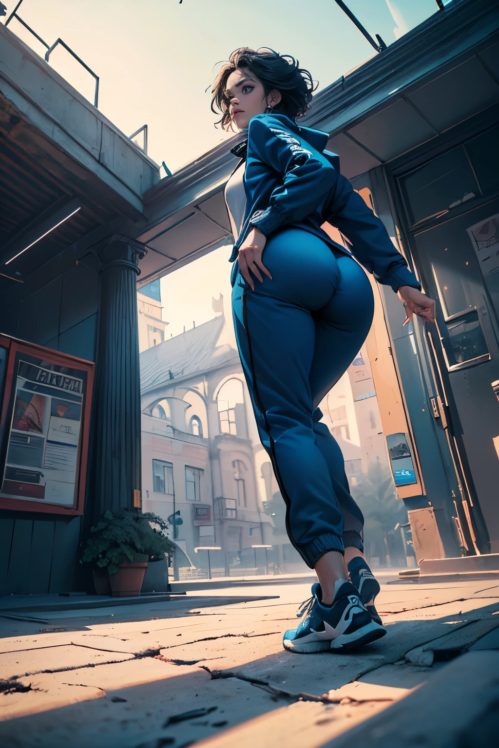 (High resolution,masterpiece:1.2),vivid colors,Beautiful eye details,beautiful detailed lips,long eyelashes,black coat,fluffy fur,cute expression,feline grace, It's cold snow falling outside, (Blue sweatpants:1.3), (The jacket is a blue track jacket:1.3), ((Round and beautifully shaped butt)), (High Definition, masterpiece, Accurate, top quality, High Definition model, high detail, (((The textures are soft))), ((matte and toy-like with a handmade premium look)), (((Tim Burton style))), dark, ((View from below and ground level shot)),