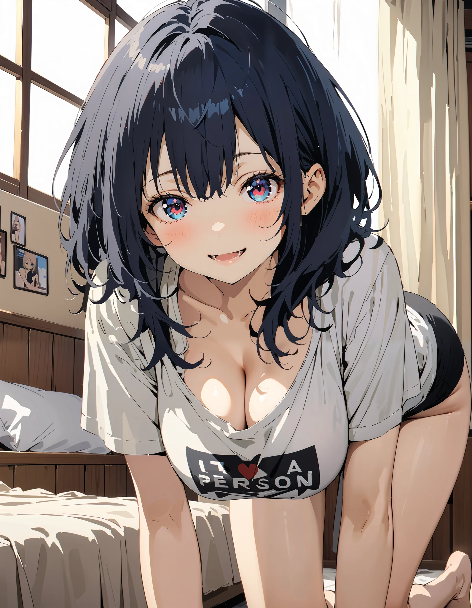 Anayanami , medium hair ,  blue eyes, stupid hair,Dark Blue Hair, Big Breasts, cleavage, down blouse,  loose t-shirt ,Black string underwear ,Bare legs, standing on all fours on the bed,smile,blush, open your mouth, decor,morning,whole bodyがイラストに入るように,       break indoors,bedroom,
break looking at viewer,whole body,
break ( Masterpiece:1.2), highest quality , kampala, Unity 8k Wallpaper,(shape:0.8),(  fine, beautiful eyes  :1.6),It's a person ,whole body写真,CG Details , ( perfect hand, Complete Anatomy),