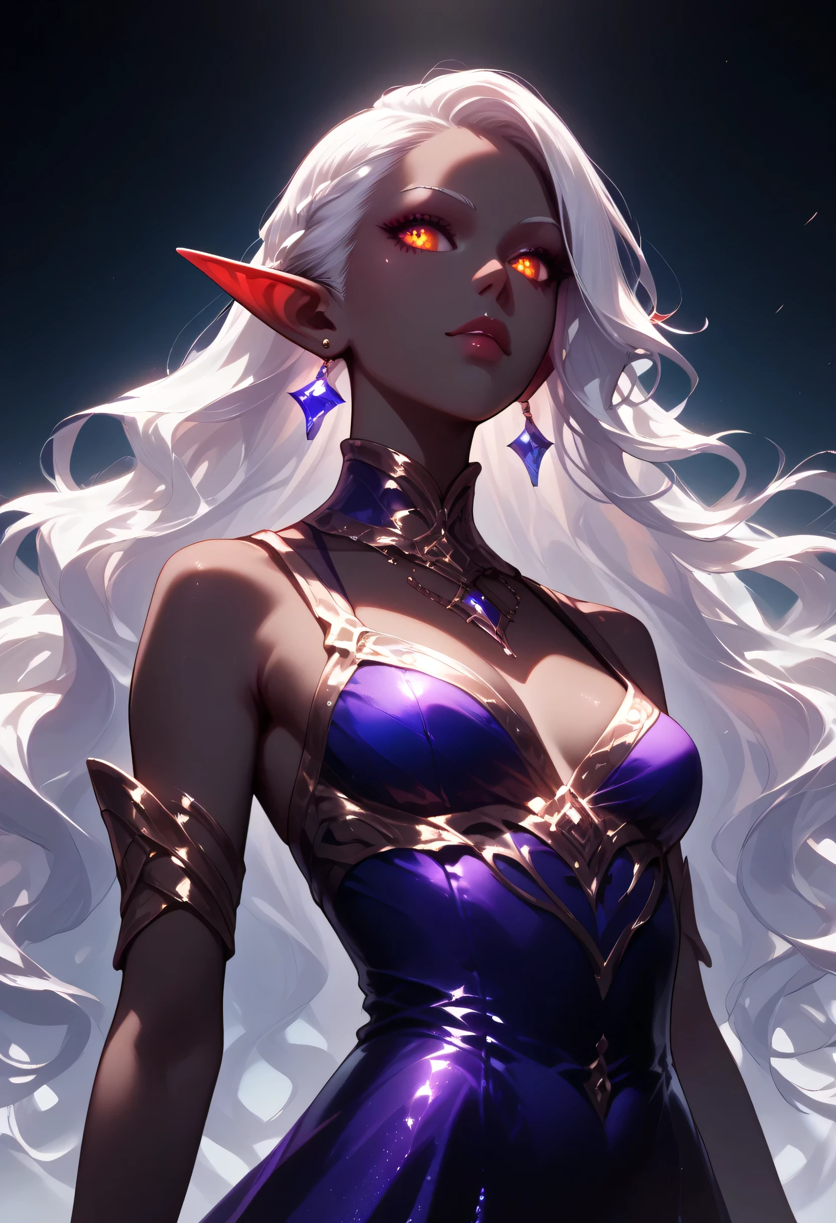 score_9, score_8_up, score_7_up, a portrait of a female dark elf, black skin, white hair, long hair, wavy hair, flowing hair, sparkling fiery eyes, there are jewelry in her hair. wearing purple silk dress, intricate dress, delicate dress, small cleavage, best quality, 16k, ultra detailed, masterpiece, best quality, (extremely detailed), dynamic angle, ultra wide shot, photorealistic, RAW, fantasy art, dnd art,fantasy art, realistic art, GlowingRunesAI_red, fantasy