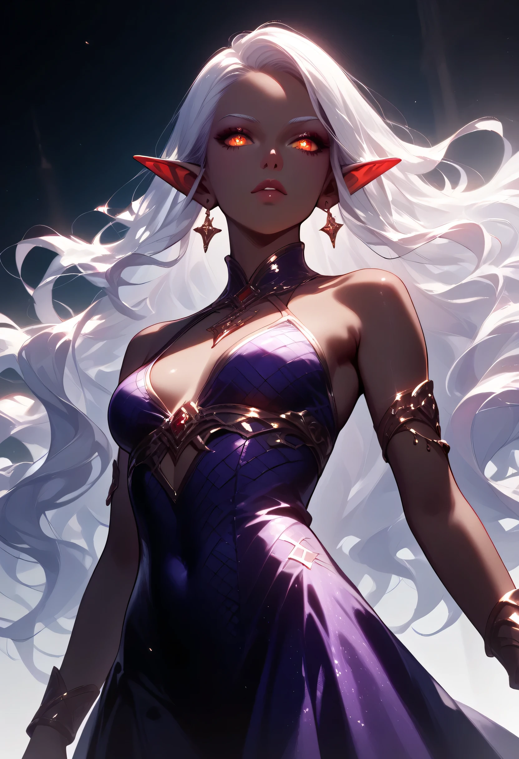 score_9, score_8_up, score_7_up, a portrait of a female dark elf, black skin, white hair, long hair, wavy hair, flowing hair, sparkling fiery eyes, there are jewelry in her hair. wearing purple silk dress, intricate dress, delicate dress, small cleavage, best quality, 16k, ultra detailed, masterpiece, best quality, (extremely detailed), dynamic angle, ultra wide shot, photorealistic, RAW, fantasy art, dnd art,fantasy art, realistic art, GlowingRunesAI_red, fantasy