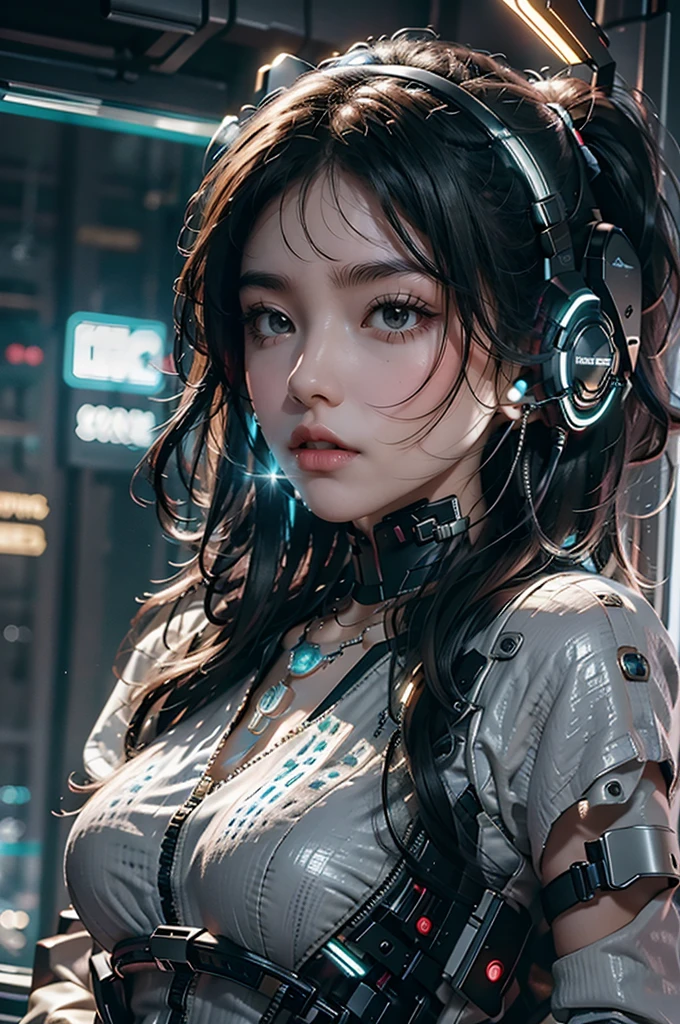 Top Quality, Masterpiece, Ultra High Resolution, (Photorealistic: 1.4), Raw Photo, 1 Girl, Black Hair, Glossy Skin, 1 Mechanical Girl, (Ultra Realistic Detail)), Portrait, Global Illumination, Shadows, Octane Rendering, 8K, Ultra Sharp, Big, Cleavage Exposed Raw Skin, Metal, Intricate Ornament Details, Headset, Hydraulic cylinder, very intricate details, realistic light, CGSoation trend, purple eyes, glowing eyes, facing the camera, neon details, mechanical limbs, blood vessels connected to the tube, mechanical vertebrae attached to the back, mechanical cervical attachment to the neck, sitting, wires and cables connecting to the head, evangelion, cyberpunk, small LED lamp, The background is Tokyo 100 years from now, futuristic skyscrapers, flying cars flying around, mechanical airships