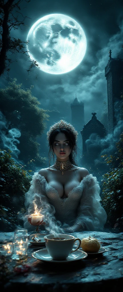 masterpiece, highest quality, solo focus, (perfect face: 1.1), (high detail: 1.1), dramatic and dynamic pose, 1 girl, breasts, blond hair, blue eyes, solo, cleavage, long hair, curves, big breasts, see -through, dress, thighs, navel covered, white dress, bare shoulders, wide hips, thick thighs, lips, cutlery, bathrobe, pelvic curtain, castle, night, moon, detailed background, art by artgerm and greg rutkowski, cinematic lighting, vampire, catlevania, red hair