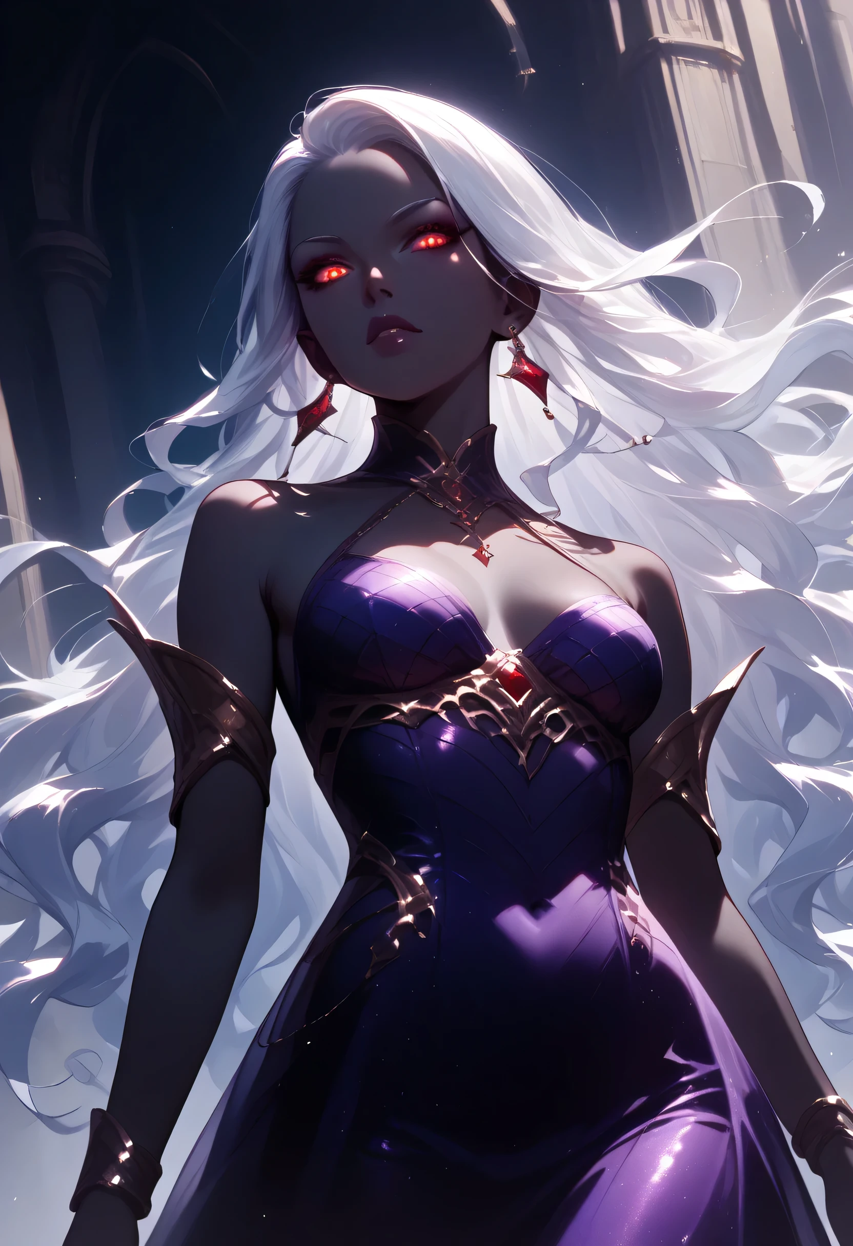 score_9, score_8_up, score_7_up, a portrait of a female vampire, black skin, white hair, long hair, wavy hair, flowing hair, sparkling fiery eyes, there are jewelry in her hair. wearing purple silk dress, intricate dress, delicate dress, small cleavage, best quality, 16k, ultra detailed, masterpiece, best quality, (extremely detailed), dynamic angle, ultra wide shot, photorealistic, RAW, fantasy art, dnd art,fantasy art, realistic art, GlowingRunesAI_red, fantasy