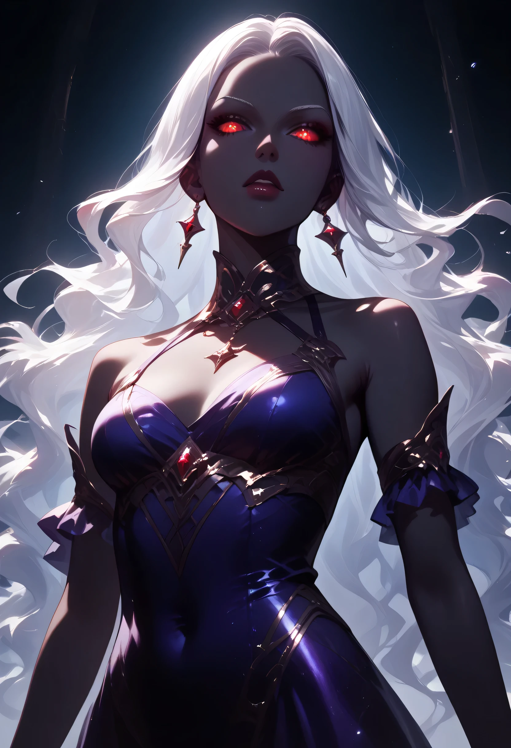 score_9, score_8_up, score_7_up, a portrait of a female vampire, black skin, white hair, long hair, wavy hair, flowing hair, sparkling fiery eyes, there are jewelry in her hair. wearing purple silk dress, intricate dress, delicate dress, small cleavage, best quality, 16k, ultra detailed, masterpiece, best quality, (extremely detailed), dynamic angle, ultra wide shot, photorealistic, RAW, fantasy art, dnd art,fantasy art, realistic art,  GlowingRunesAI_red, fantasy