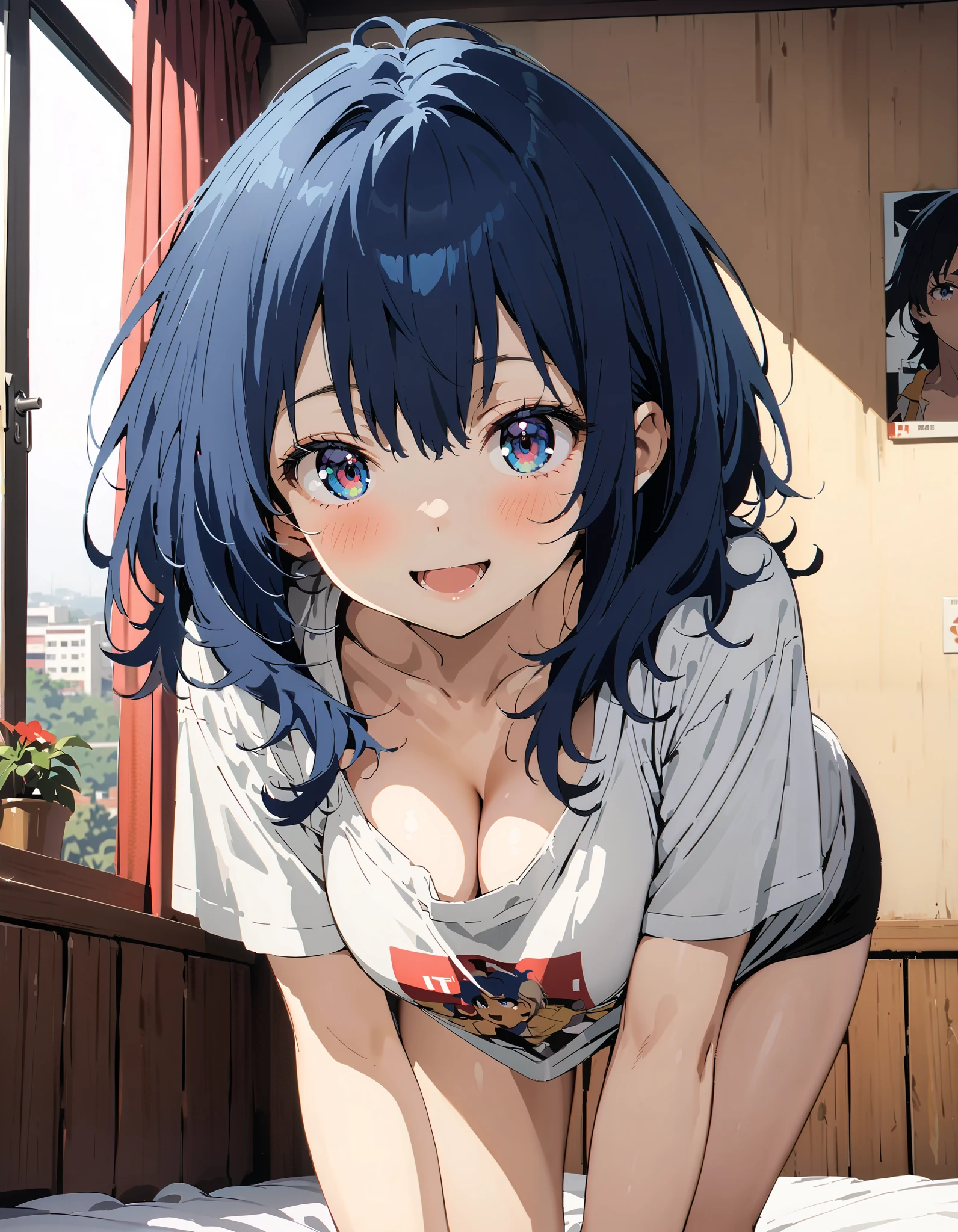 Anayanami , medium hair , blue eyes, stupid hair, blue hair, Big Breasts, cleavage, down blouse, loose t-shirt ,Black string underwear ,Bare legs, standing on all fours on the bed,smile,blush, open your mouth, decor,morning,whole bodyがイラストに入るように, break indoors,bedroom,
break looking at viewer,whole body,
break ( Masterpiece:1.2), highest quality , kampala, Unity 8k Wallpaper,(shape:0.8),( fine, beautiful eyes :1.6),It's a person ,whole body写真,CG Details , ( perfect hand, Complete Anatomy),