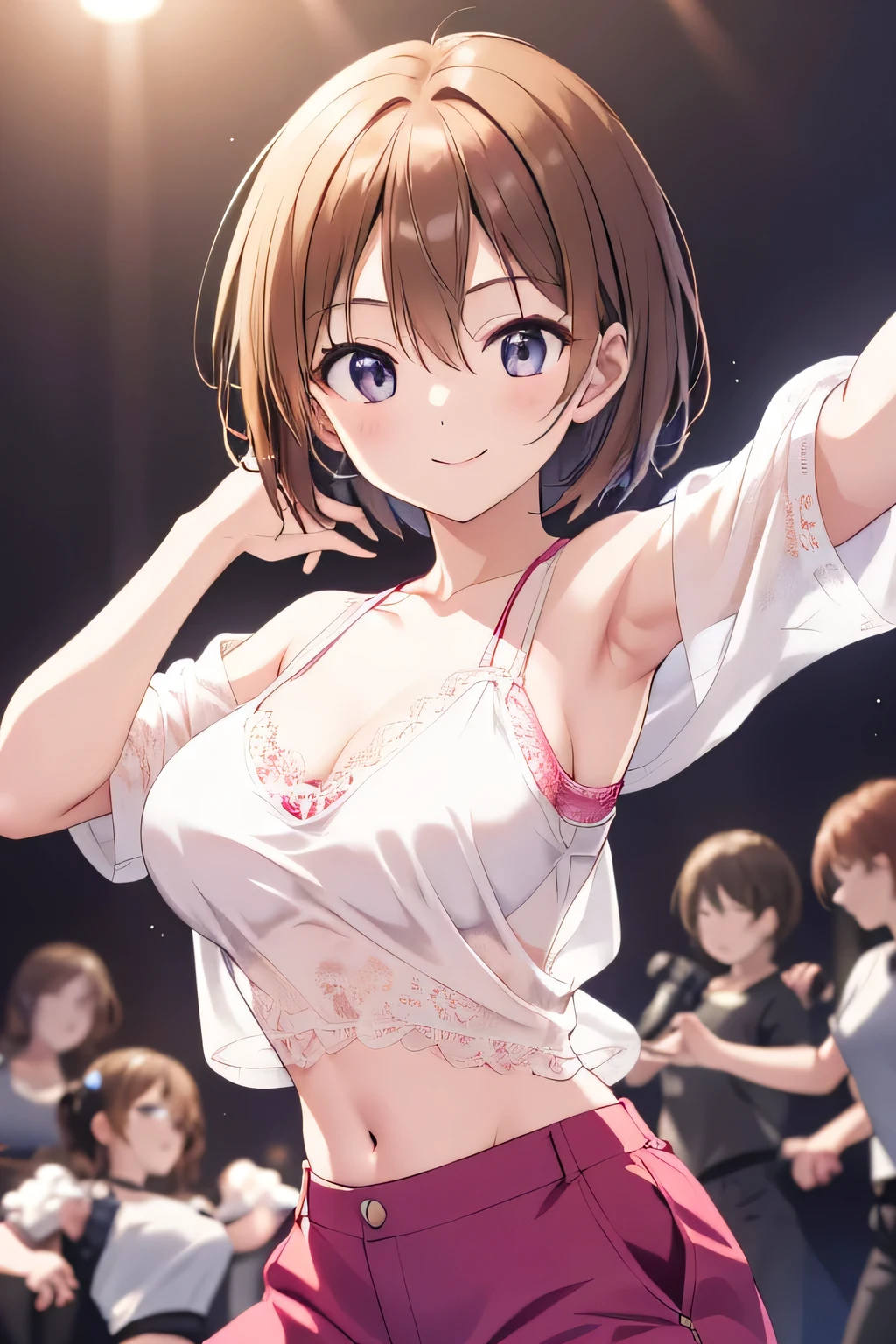 (Tabletop.highest quality).(Dynamic Low Angle、Hair blowing in the wind、Smooth Hair、beautiful spotlight). (CG paintings with impressive detail、Tears of joy、Expressions of joy),(A perfect image).(Idol Live、Idol Song、Proud of the costume、Presenting to the audience、Sexy Dynamite)、that seem to overflow from clothes、Groin visible through swimsuit、(Naughty Happenings、Groin peek、Nipple peek、Chirarizum、Treasure Video、Service scene)、Comic Strip.shape.1 girl.Detailed face、Kirara Jump、Perfect body.(glamorous、Big Breasts、Plump)、Beautiful thighs、Beautiful belly、Perfect Face.Delicate face、Raise your arms、Proudly、Pull your chin in、Traditional jewelry decoration、A girl wearing a shining, luxurious idol swimsuit、Overexposure、(High leg:0.7)、(bikini:0.8)、(Beautiful fashion that shows off side boobs)、Breast flash、Rough skin、Long Hair、(Bunny ear girl)Bunny ear girl、((Beautiful brown eyes)).Delicate and beautiful eyes、Beautiful eyes with light、Shiny Hair、Reflected Eyes、Embarrassingly.(Looking at the audience:1.3).(Red face:1)、8k wallpaper、Bold full shot、reflected light、Most detailed、Complex、Delicate background、Rough skin、Fine skin、(Super Resolution)、High leg、Chirarizum、(whole body、美しいwhole body像、Voluptuous body)