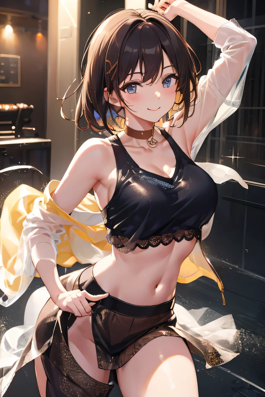 Very Short Hair、Black Hair、Mid-chest、One Woman、Raising left arm、Armpit、In town、Angle looking up from below、confidence、Highest quality、Expressionless and angry、cool、Upper Body、Armpitのアップ、From the side、Staring at the audience、Mouth closed、Armpit sweat、Armpitの蒸れ、Armpitの皺、Showing off her armpits、