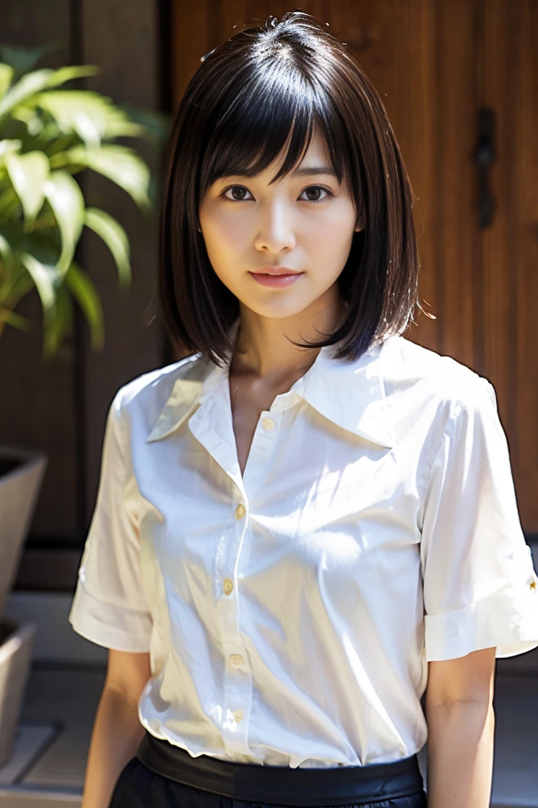 Masterpiece, top quality, official art, highly detailed CG Unity 8K wallpaper, like a schoolgirl, very delicate and beautiful, ultra high resolution, (photorealistic: 1.4), golden hour lighting, (upper body), (platinum shorthair: 0.8), (puffy eyes), looking at the viewer, facing the front, smiling, JK skirt, white dress, Shirt Lift Long Black Hair
