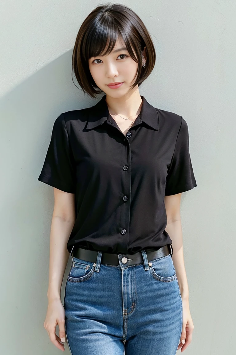 A young Korean woman with ponytail light blue hair, pale skin, thin body. She is wearing a black casual shirt and casual short jeans. She is looking at the viewer, and her easy expression is sensual. Full body. The setting is a living room at morning and she is chilling on the sofa. Masterpiece, high quality.