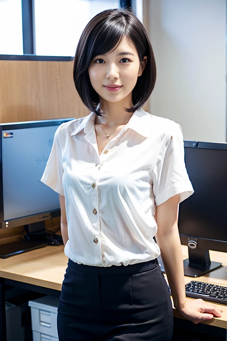 ((Highest quality, 8k, Masterpiece Details, Ultra-high resolution)), (Looking at the audience), (Full Shot:), Attractive Business 5-people Mature Women, 5-people, Slender:0.25, A white, sleeveless, see-through, tight shirt with buttons on the collar and chest., Grey tight skirt, (sitting at a desk in an office), smile, CEO's Office,Big Breasts、Erect nipples