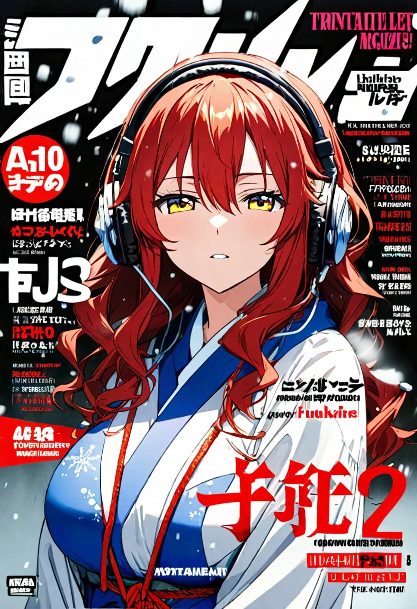 (masterpiece),(absurdres),(ultra detailed),(anime:1.4),(Magazine cover,cover,),(Headphones),upperbody shot,((( solo woman),(26-year-old),(big breast:0.9),(wavy hair:0.7),(long red hair:1.1),hair between eyes,(()),(yellow eyes),(()),(ultramarine kimono),(red horns of a Oni to forehead:1.2)、from front,half-closed eyes,waiting for kiss face,Snow Flower, Sakurabuki,椛
