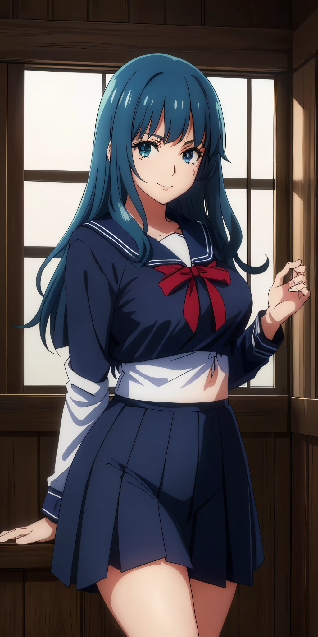 Young woman drawn in 80’s anime art style. 
Retro anime. Vintage Anime. Classical Anime. 

She has long and wavy blue hair, green eyes, full lips, and a beauty mark located under the right side of her mouth. She is well known for her curvaceous figure of which her most distinctive trait is her very large breasts. She has a sinister smile.
Meanwhile she is also visiting a High School!

She is wearing a sailor fuku (セーラー服, sērā fuku, sailor outfit) is a common japanese style of uniform worn by women, traditionally by high school female students. 

The uniform generally consists of a sailor-styled blouse attached with a (Navy blue sailor-style collar) and a Dark Navy Blue Sailor Blouse. The length of the long skirt goes down past her ankle.

A ribbon is tied in the front and laced through a loop attached to the sailor blouse. The color is the ribbon is red. (RED RIBBON)

(Dark Navy Blue Sailor Shirt)
(Dark Navy Pleated Skirt)

(High School)
