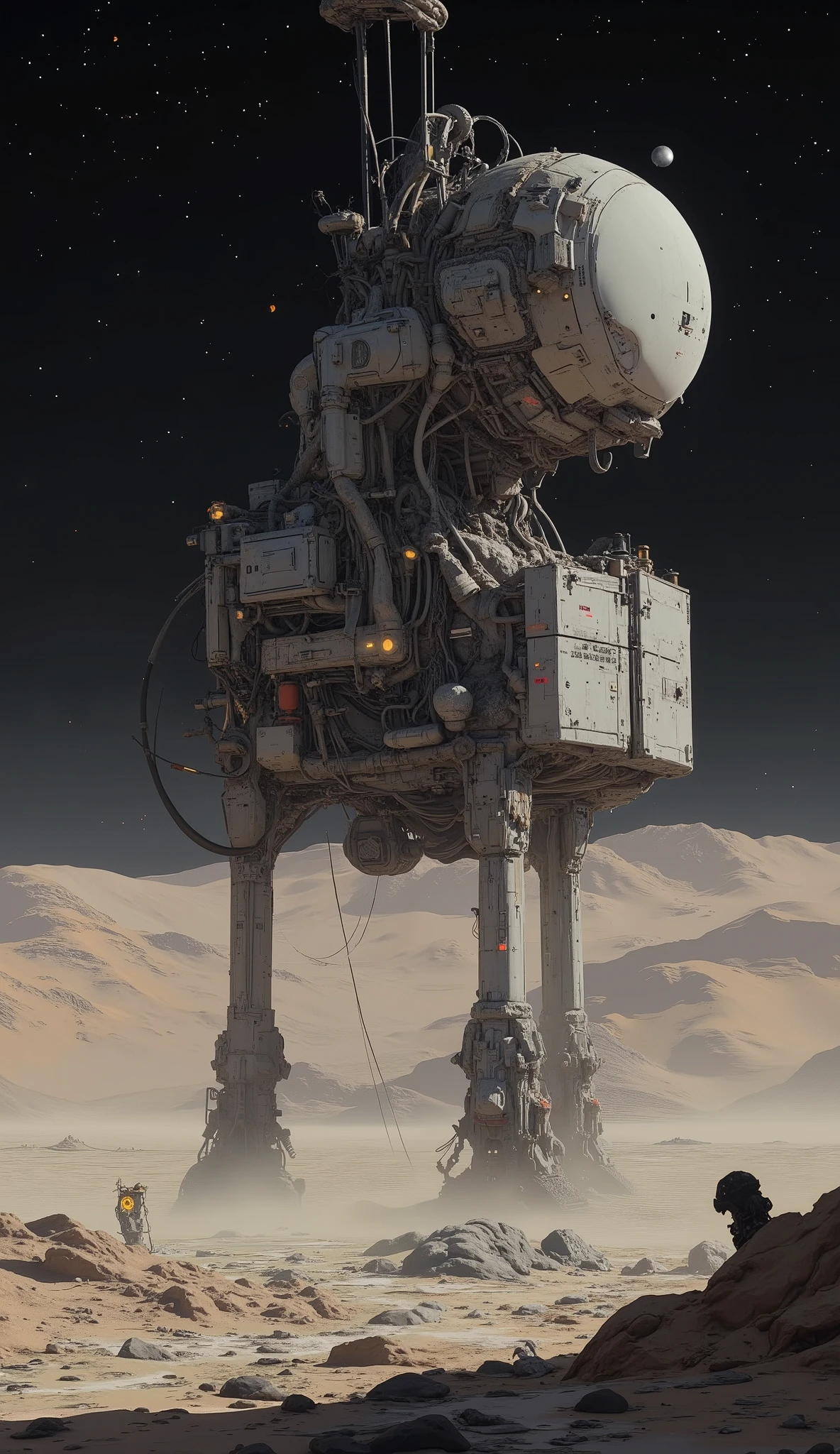 There is a giant robot standing in the desert with a man nearby - SeaArt AI