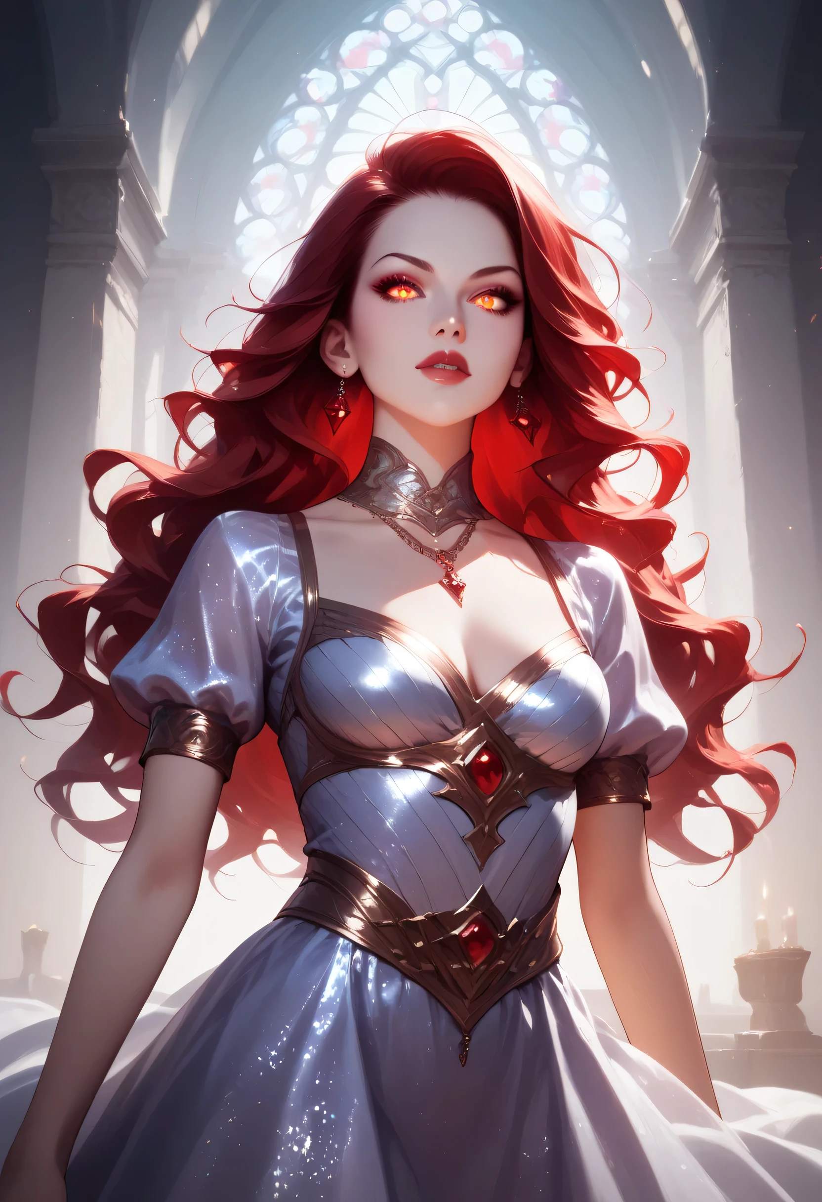 score_9, score_8_up, score_7_up, a portrait of a female vampire, pale white skin, red hair, long hair, wavy hair, flowing hair, sparkling fiery eyes, there are jewelry in her hair. wearing purple silk dress, intricate dress, delicate dress, small cleavage, best quality, 16k, ultra detailed, masterpiece, best quality, (extremely detailed), dynamic angle, ultra wide shot, photorealistic, RAW, fantasy art, dnd art,fantasy art, realistic art, GlowingRunesAI_red, fantasy, Cinematic Shot