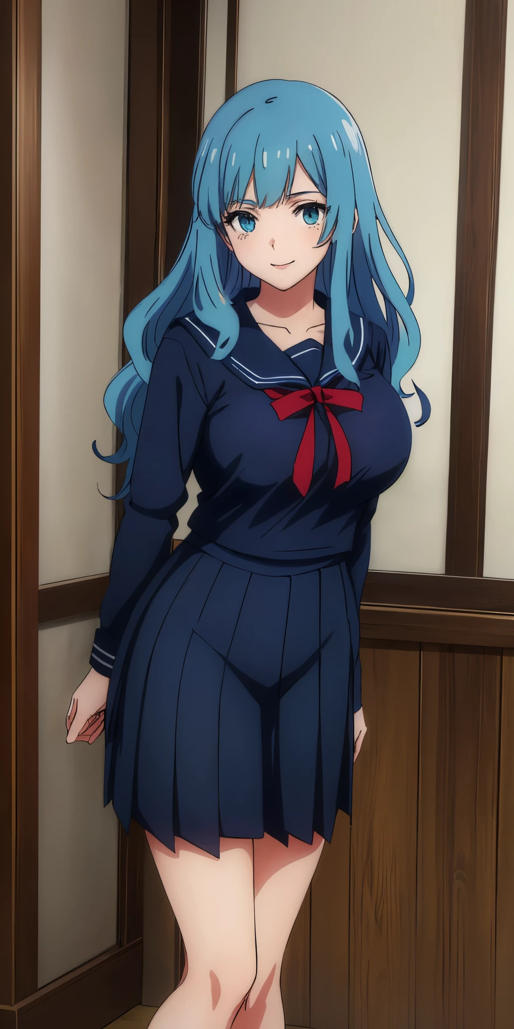 Young woman drawn in 80’s anime art style.
Retro anime. Vintage Anime. Classical Anime.
She has long and wavy blue hair, green eyes, full lips, and a beauty mark located under the right side of her mouth. She is well known for her curvaceous figure of which her most distinctive trait is her very large breasts. She has a sinister smile.
Meanwhile she is also visiting a High School!
She is wearing a sailor fuku (セーラー服, sērā fuku, sailor outfit) is a common japanese style of uniform worn by women, traditionally by high school female students.
The uniform generally consists of a sailor-styled blouse attached with a (Navy blue sailor-style collar) and a Dark Navy Blue Sailor Blouse. The length of the long skirt goes down past her ankle.
A ribbon is tied in the front and laced through a loop attached to the sailor blouse. The color is the ribbon is red. (RED RIBBON)
(Dark Navy Blue Sailor Shirt)
(Dark Navy Pleated Skirt)
(High School)