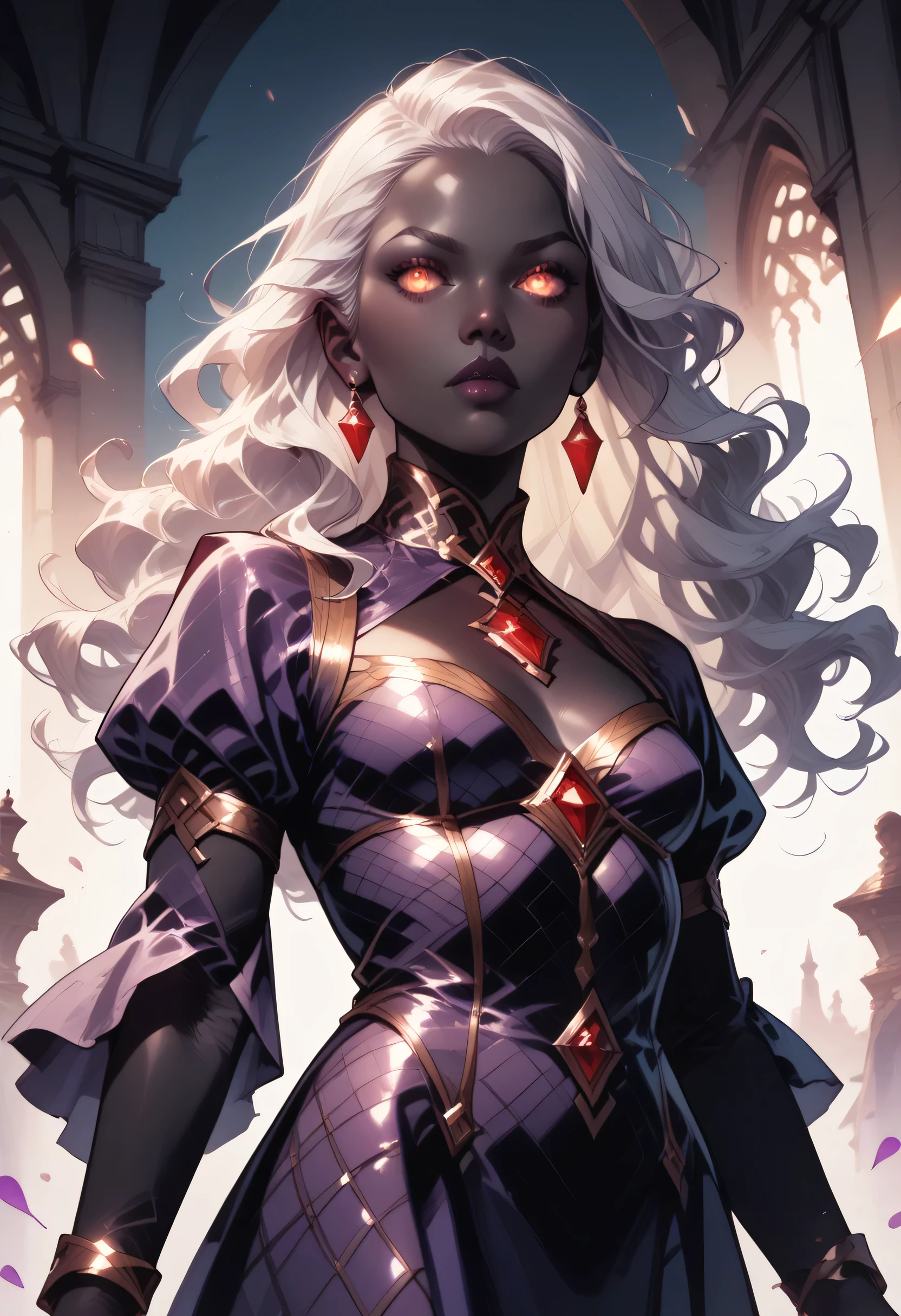 score_9, score_8_up, score_7_up, a portrait of a female vampire, black skin, white hair, long hair, wavy hair, flowing hair, sparkling fiery eyes, there are jewelry in her hair. wearing purple silk dress, intricate dress, delicate dress, small cleavage, best quality, 16k, ultra detailed, masterpiece, best quality, (extremely detailed), dynamic angle, ultra wide shot, photorealistic, RAW, fantasy art, dnd art,fantasy art, realistic art, GlowingRunesAI_red, fantasy, commix style
