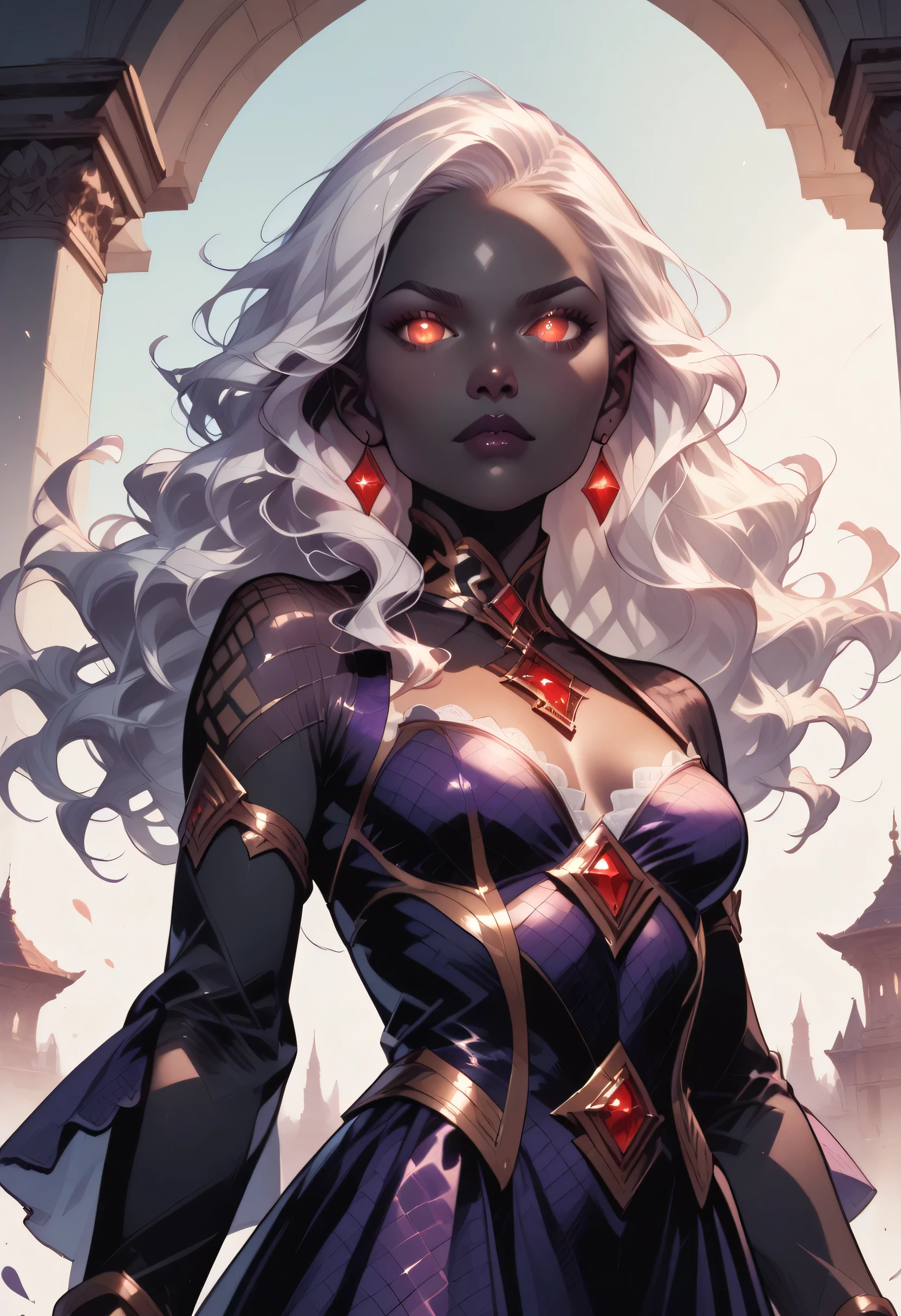 score_9, score_8_up, score_7_up, a portrait of a female vampire, black skin, white hair, long hair, wavy hair, flowing hair, sparkling fiery eyes, there are jewelry in her hair. wearing purple silk dress, intricate dress, delicate dress, small cleavage, best quality, 16k, ultra detailed, masterpiece, best quality, (extremely detailed), dynamic angle, ultra wide shot, photorealistic, RAW, fantasy art, dnd art,fantasy art, realistic art, GlowingRunesAI_red, fantasy, commix style