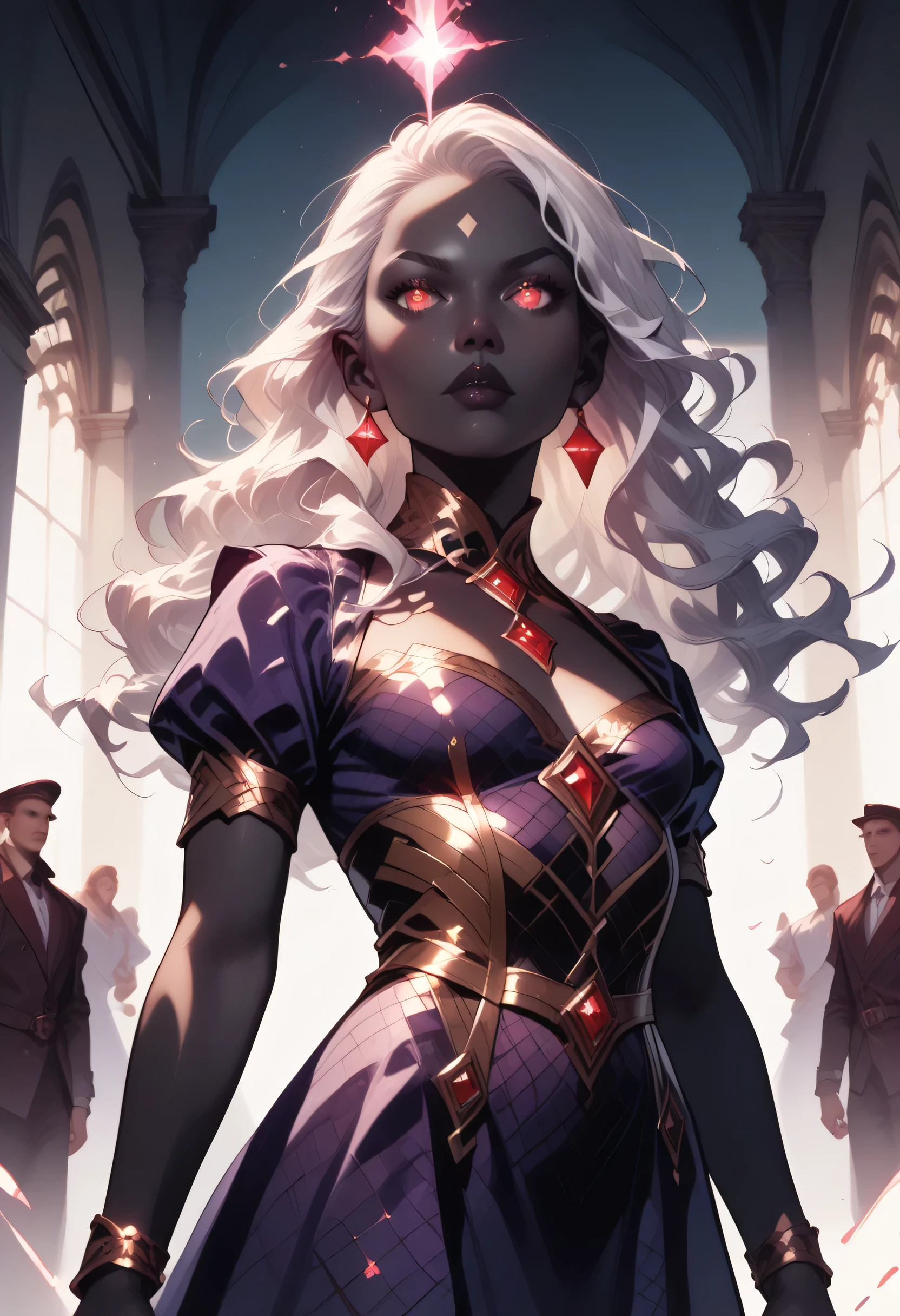 score_9, score_8_up, score_7_up, a portrait of a female vampire, black skin, white hair, long hair, wavy hair, flowing hair, sparkling fiery eyes, there are jewelry in her hair. wearing purple silk dress, intricate dress, delicate dress, small cleavage, best quality, 16k, ultra detailed, masterpiece, best quality, (extremely detailed), dynamic angle, ultra wide shot, photorealistic, RAW, fantasy art, dnd art,fantasy art, realistic art,  GlowingRunesAI_red, fantasy, commix style