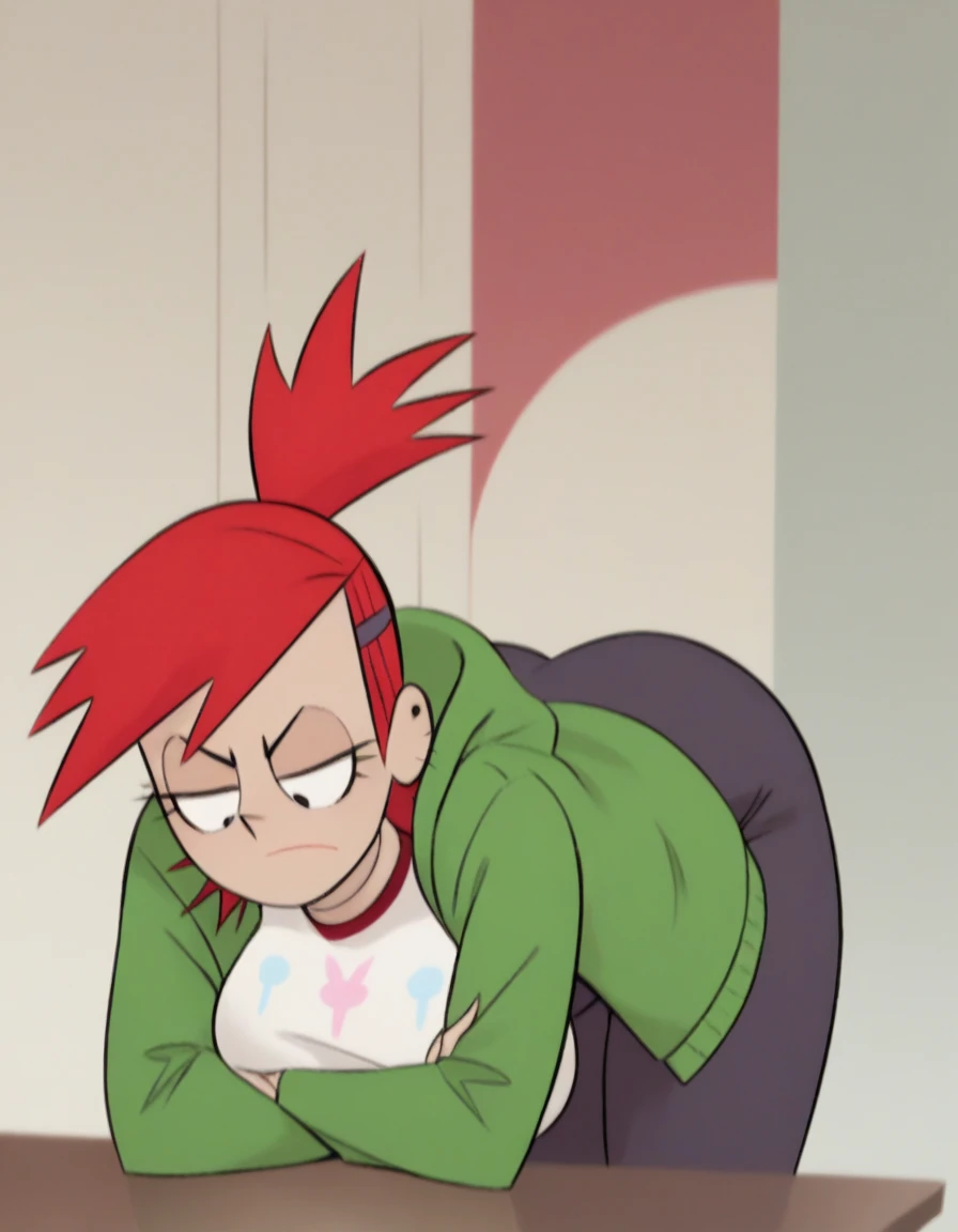 frankiefoster, red hair, green hoodie, purple skirt, orange socks, sneakers, hairclip, midriff, ponytail, doggystyle sex, on all fours, room, kneeling, shota-boy, cookies on the floor, bald