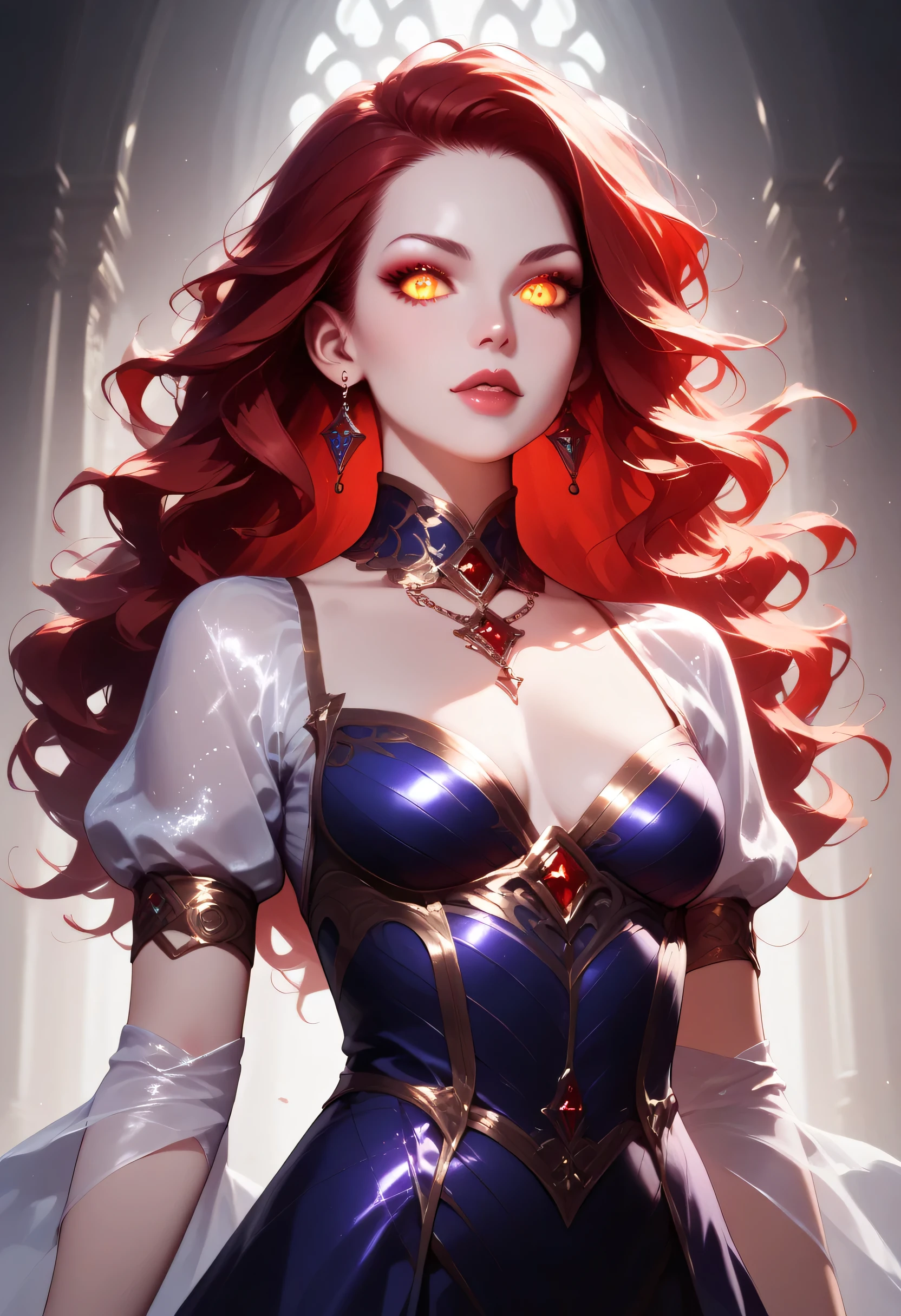score_9, score_8_up, score_7_up, a portrait of a female vampire, pale white skin, red hair, long hair, wavy hair, flowing hair, sparkling fiery eyes, there are jewelry in her hair. wearing purple silk dress, intricate dress, delicate dress, small cleavage, best quality, 16k, ultra detailed, masterpiece, best quality, (extremely detailed), dynamic angle, ultra wide shot, photorealistic, RAW, fantasy art, dnd art,fantasy art, realistic art, GlowingRunesAI_paleblue, fantasy, Cinematic Shot