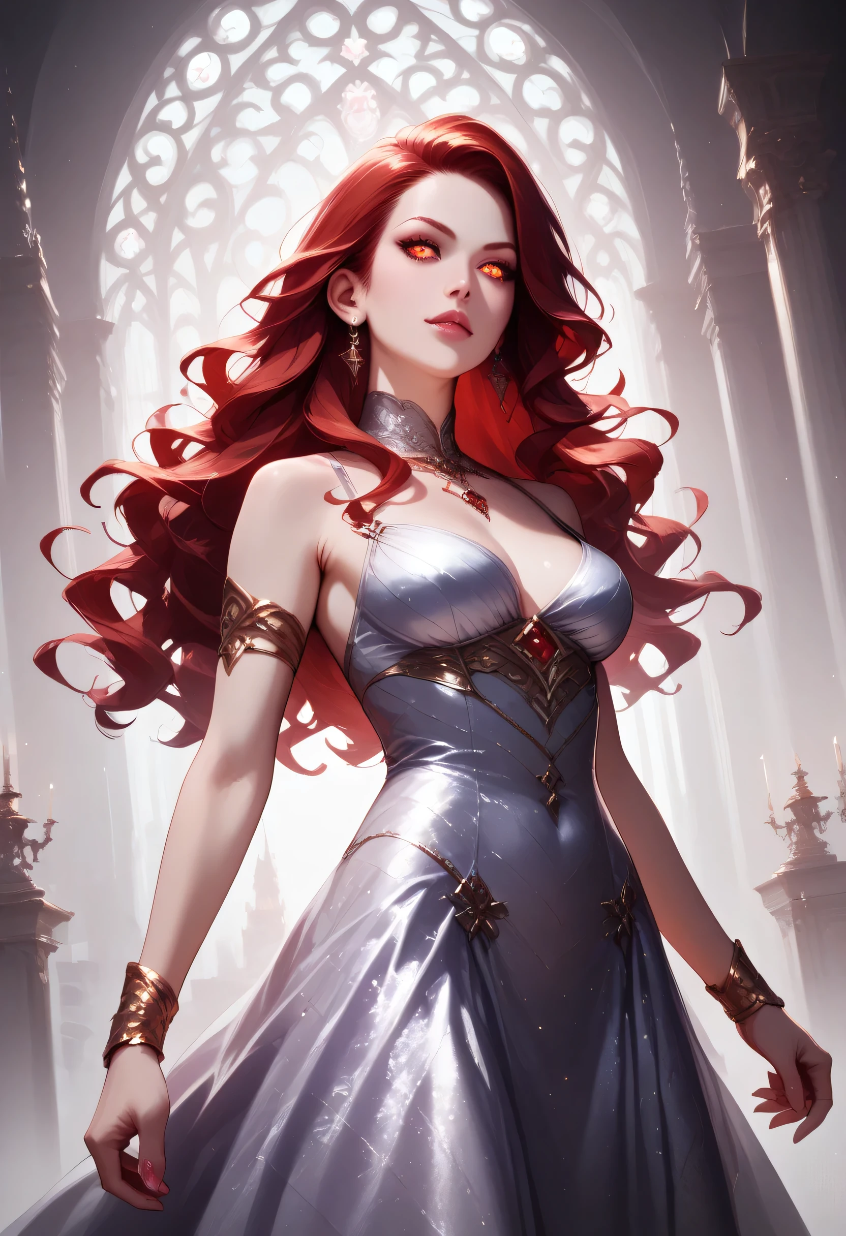 score_9, score_8_up, score_7_up, a portrait of a female vampire, pale white skin, red hair, long hair, wavy hair, flowing hair, sparkling fiery eyes, there are jewelry in her hair. wearing purple silk dress, intricate dress, delicate dress, small cleavage, best quality, 16k, ultra detailed, masterpiece, best quality, (extremely detailed), dynamic angle, ultra wide shot, photorealistic, RAW, fantasy art, dnd art,fantasy art, realistic art,  GlowingRunesAI_paleblue, fantasy, Cinematic Shot