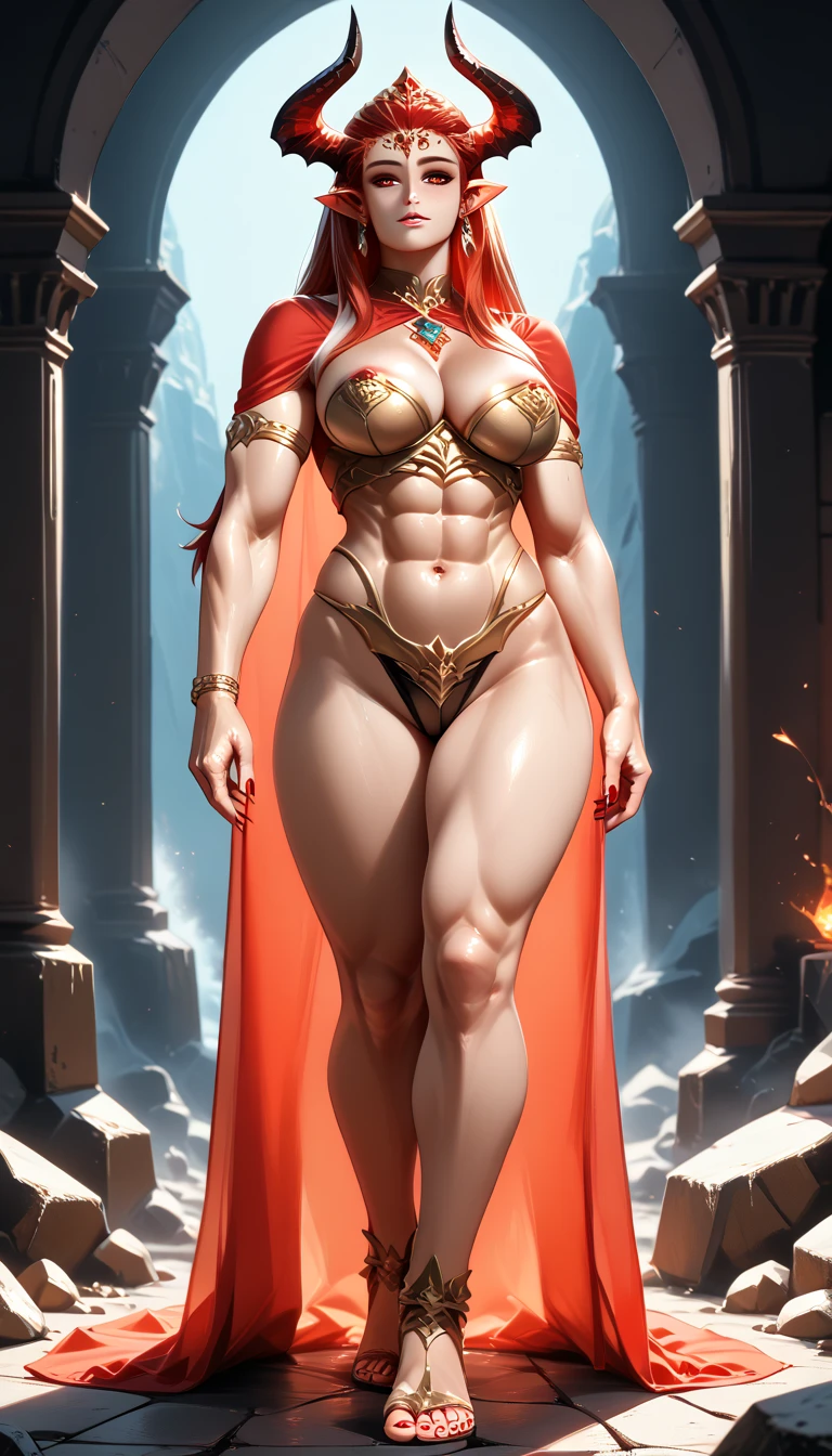 Moon goddess statue, full body figure, benevolent gaze, detailed face, (naked: 1.4), gold decoration, gorgeous castle background, high contrast, masterpiece, best quality, best quality, cinematic lighting, photoreal, (red hair, freckles, cameltoe, huge breasts)