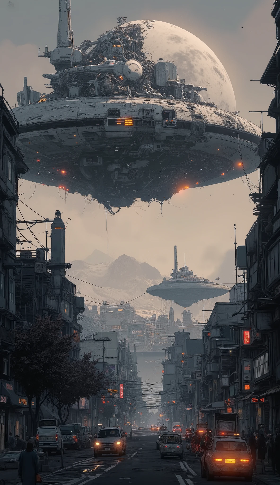 above、A giant Death Star-type spacecraft sailing slightly above the planet's stratosphere、宇宙船の真 above、 planet is clearly visible、