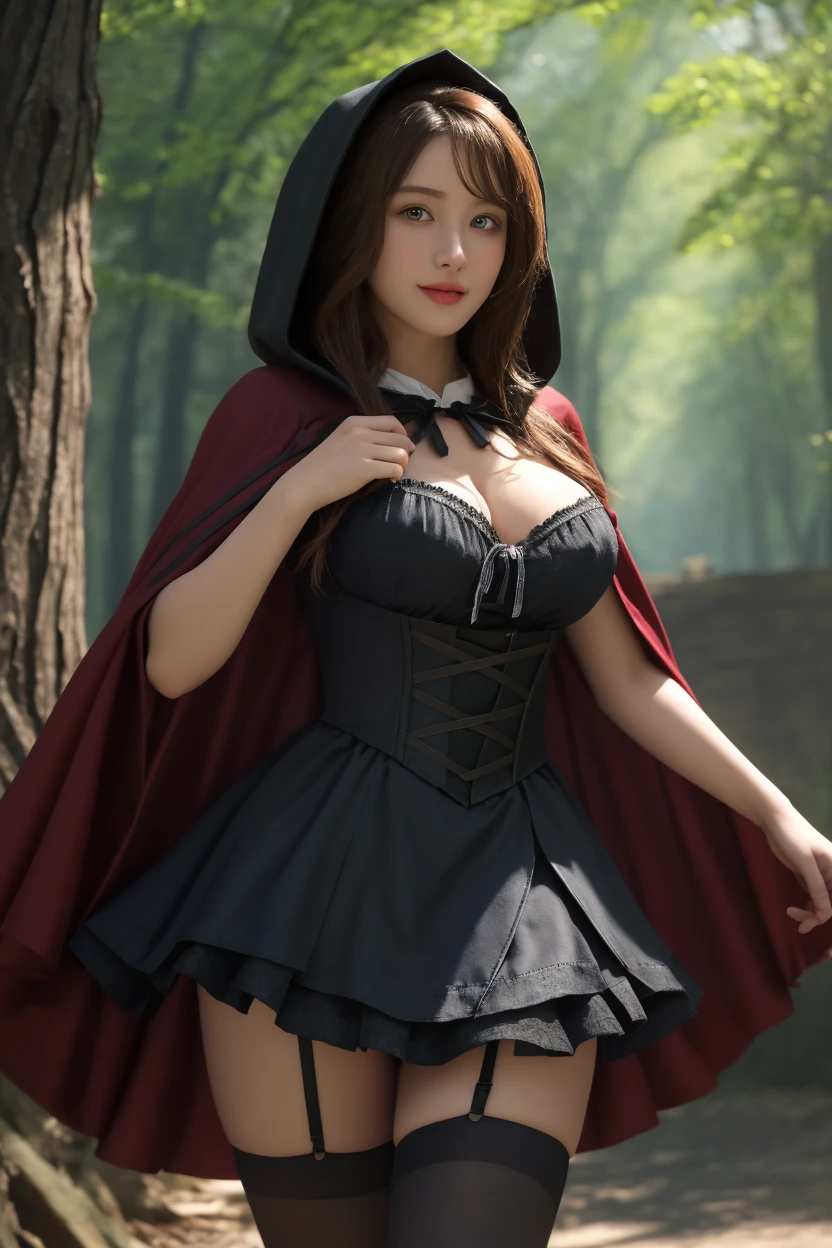 "Korean model with big, perky breasts dressed sexy as Red Riding Hood in the forest."