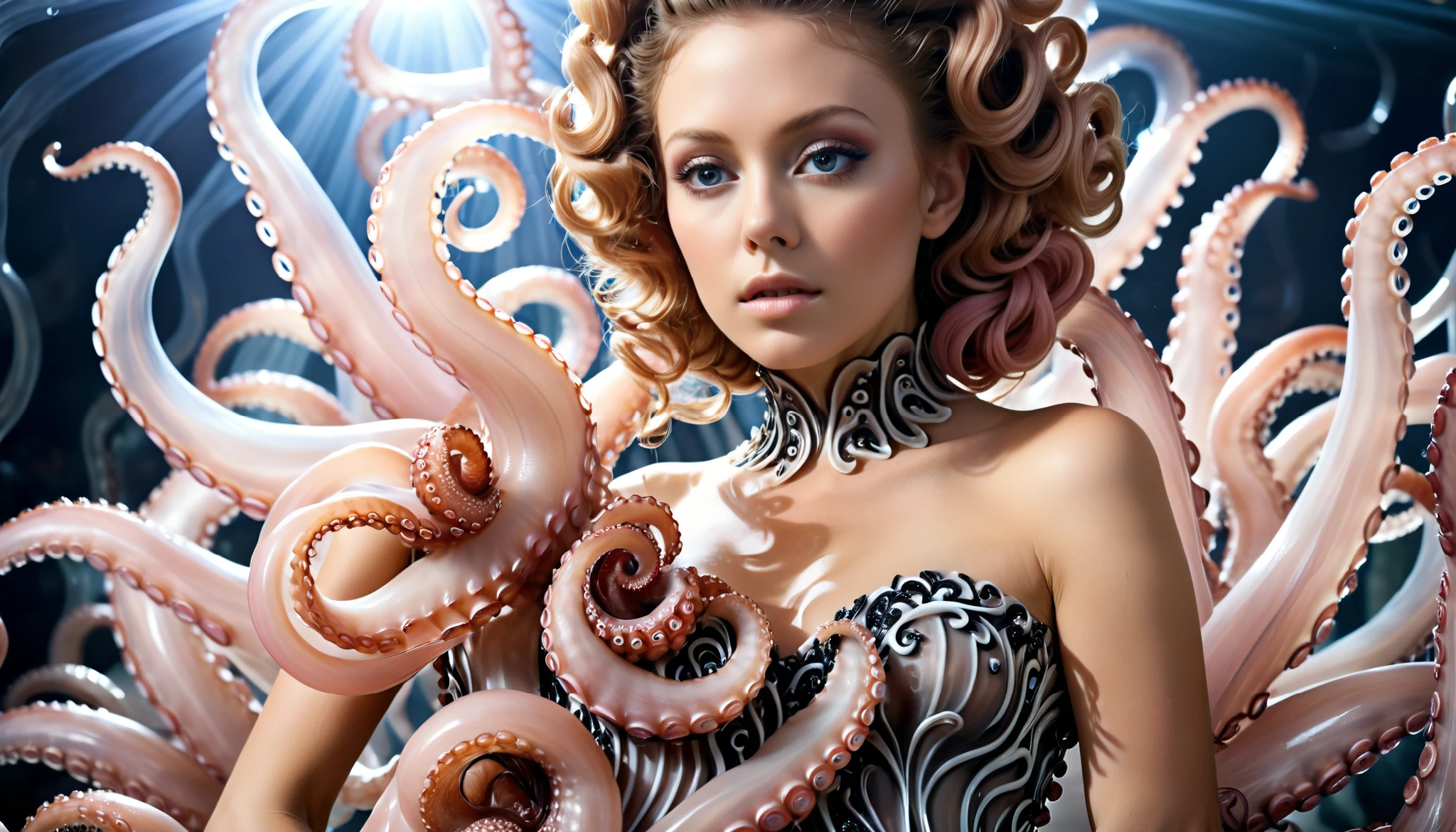 Long exposure photo of a woman in a dress with octopus tentacles , intricate costume dress , Beautiful Octopus Woman , avant-garde fashion model , high fashion fantasy , Haute Couture Haute Couture , haute couture, absurd wavy bubble on a dress , Inspired by Alexander McQueen , an intricate dress , a woman with pink hair and a modern dress , Medusa female, long hair, Retrato de uma science fiction woman, Beautiful Octopus Woman , science fiction woman, blurry motion , Streaks of Light, surreal, Dreamer, ghost effect, realism taken to the extreme , fine texture, incredibly realistic , Extremely high resolution details , realism taken to the extreme , fine texture, incredibly realistic . blurry motion , Streaks of Light, surreal, Dreamer, ghost effect,