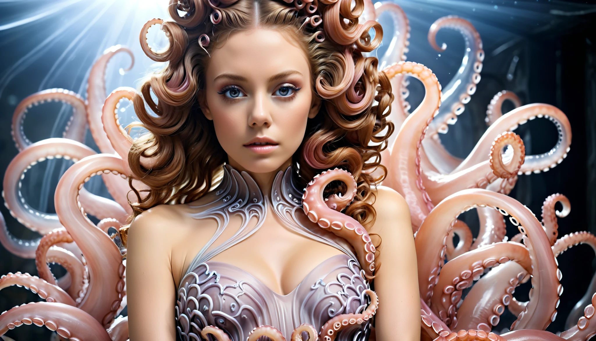 Long exposure photo of a woman in a dress with octopus tentacles , intricate costume dress , Beautiful Octopus Woman , avant-garde fashion model , high fashion fantasy , Haute Couture Haute Couture , haute couture, absurd wavy bubble on a dress , Inspired by Alexander McQueen , an intricate dress , a woman with pink hair and a modern dress , Medusa female, long hair, Retrato de uma science fiction woman, Beautiful Octopus Woman , science fiction woman, blurry motion , Streaks of Light, surreal, Dreamer, ghost effect, realism taken to the extreme , fine texture, incredibly realistic , Extremely high resolution details , realism taken to the extreme , fine texture, incredibly realistic . blurry motion , Streaks of Light, surreal, Dreamer, ghost effect,