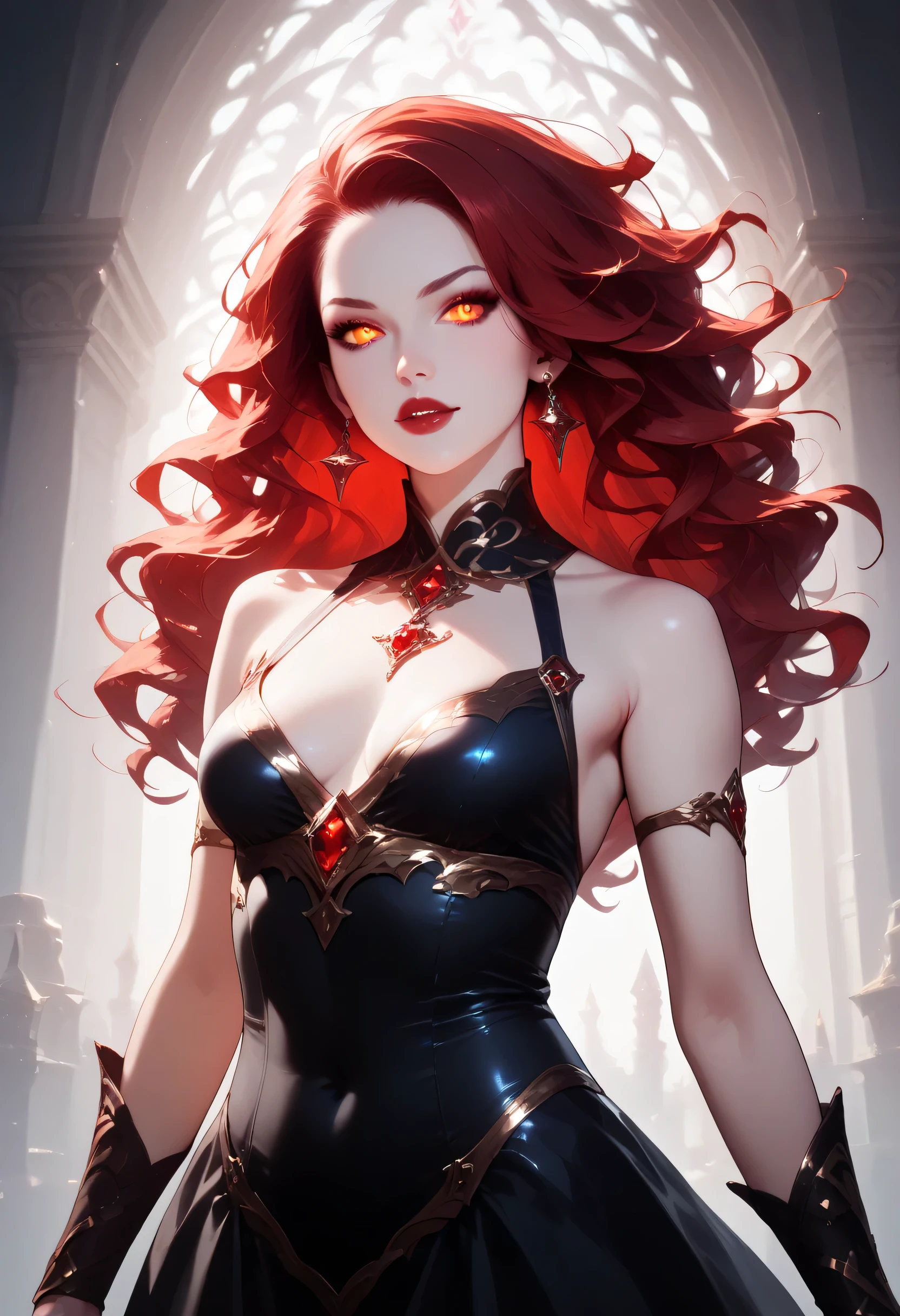 score_9, score_8_up, score_7_up, a portrait of a female vampire, pale white skin, red hair, long hair, wavy hair, flowing hair, sparkling fiery eyes, there are jewelry in her hair. wearing black silk dress, intricate dress, delicate dress, small cleavage, best quality, 16k, ultra detailed, masterpiece, best quality, (extremely detailed), dynamic angle, ultra wide shot, photorealistic, RAW, fantasy art, dnd art,fantasy art, realistic art,  GlowingRunesAI_red, fantasy, Cinematic Shot