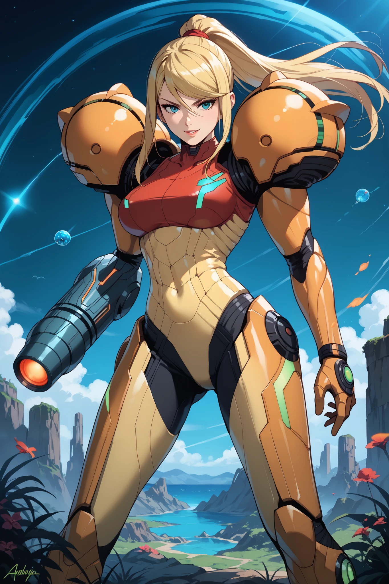 score_9, score_8_up, score_7_up, 1 woman, Samus Aran, varia suit, long blonde hair, green_arm_cannon, 1_hand, smiling, action pose, masterpiece, primevaria, prime_varia, best quality, amazing quality, very aesthetic, high resolution, ultra-detailed, absurdres,