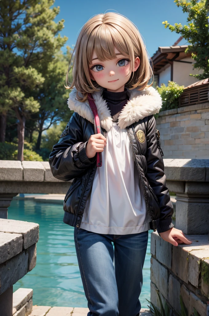 make  anime gir wearing bangs, and having blonde medium curly hair
