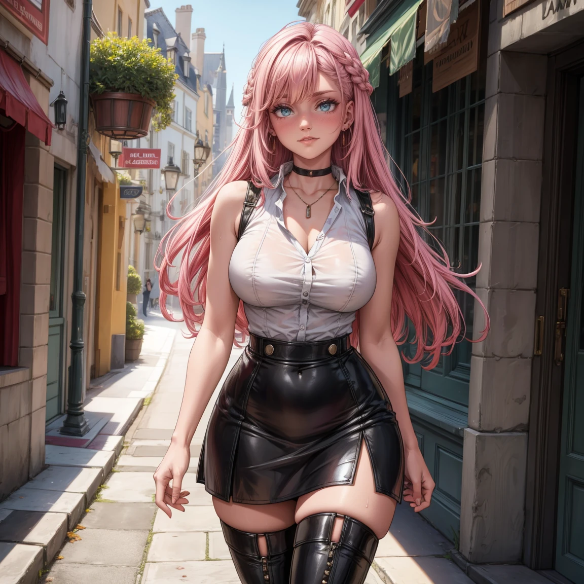 Masterpiece, beautiful art, 8k, art style by sciamano240, very detailed face, detailed hair, detailed clothes, detailed fabric, 1girl, beautiful face, long hair, hot pink hair , model head shot, facing camera, very detailed green eyes, sultry smile, wearing classy fall clothes, black dior thigh boots, black pencil skirt, walking , out shopping, necklace, chocker, rosey cheeks, sunny fall setting, full body view, photorealistic, indirect lighting, volumetric light, ray tracing, hyper-detailed, best quality, ultra-high resolution, HDR, (8k, Best Quality, Masterpiece:1.2), Ultra Detail, RAW Photo, Super Resolution, Professional Photo, Extremely Detailed and Beautiful, lot of drool, sweat, belly inflation