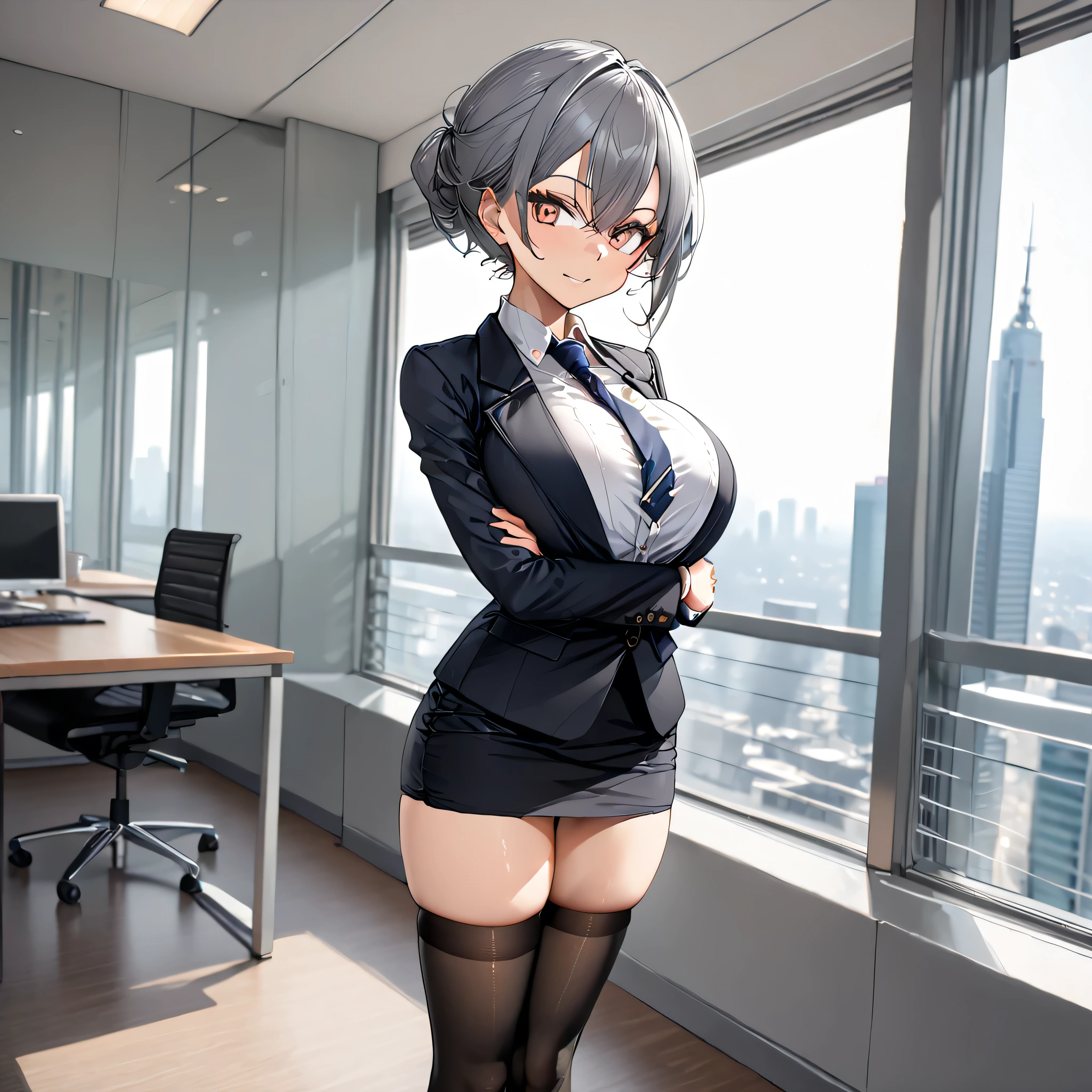 masterpiece, landscape, office, skyscrapers in distance, BREAK, (1 skinny girl standing), arched back, arms behind back, (bouncing breasts), smile for viewer, BREAK, business suits, (black blazer:1.3), white blouse under blazer, necktie, (black short pencil skirt cinches underbust too tight), thigh gap, (black thighhighs), stiletto heels, BREAK, narrow shoulders, (bursting large breasts), (too short torso), (too narrow waist), (too short waist), (small stomac), (skinny hip), (long skinny legs), BREAK, (puffy nipples covered by blouse)