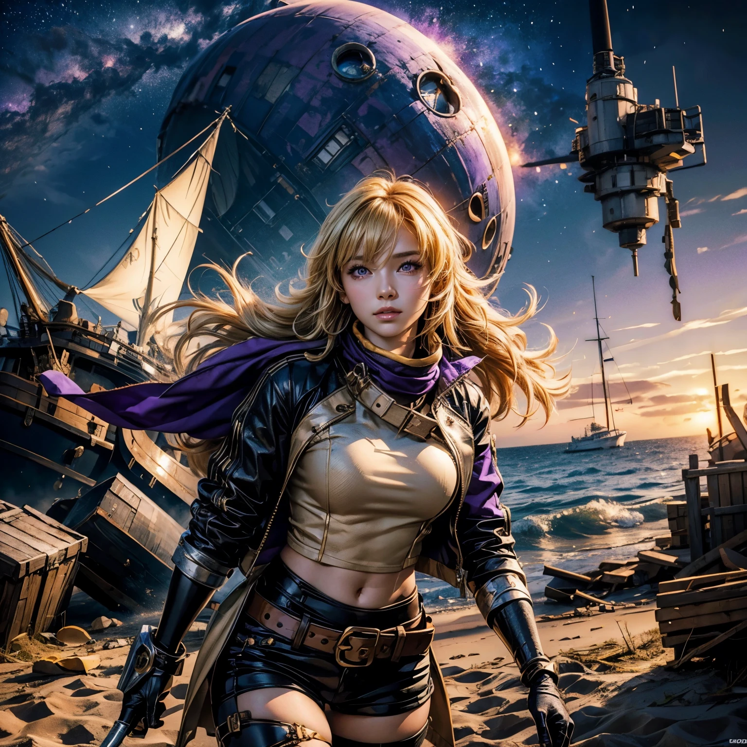 yangxiaolong, yang xiao long, smiling, long hair, blonde hair, large breasts, (purple eyes:1.3), ahoge, bangs, BREAK wearing a white ski jacket with gold trim, white ski pants, mechanical arms, single mechanical arm, prosthesis, prosthetic arm, BREAK walking with black haired colleague, beach, sea, wrecked airship, night, stars, bonfire, wrecked lighthouse, debris, small crowd in military uniforms, dynamic pose, BREAK looking at viewer, crowd, BREAK (masterpiece:1.2), best quality, high resolution, unity 8k wallpaper, (illustration:0.8), (beautiful detailed eyes), extremely detailed face, perfect lighting, extremely detailed CG, (perfect hands, perfect anatomy), intricate details, tonemapping, sharp focus, hyper detailed, (best quality:1.2), elegant face, beautiful face, highly detailed face, highly detailed skin, skin pores, subsurface scattering, realistic pupils, full lips, detailed background, depth of field, atmospheric perspective, volumetric lighting, sharp focus, absurdres, realistic proportions, good anatomy, (realistic, hyperrealistic:1.4), 16k hdr,